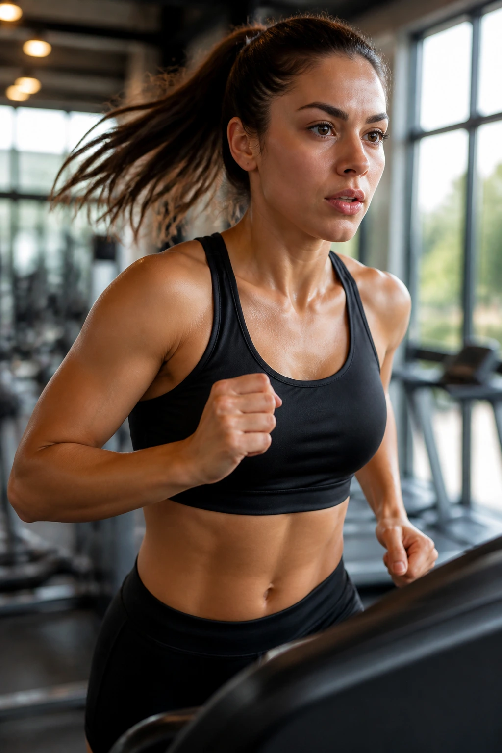 Medium close-up of a person on a treadmill mid-burst with determined expression