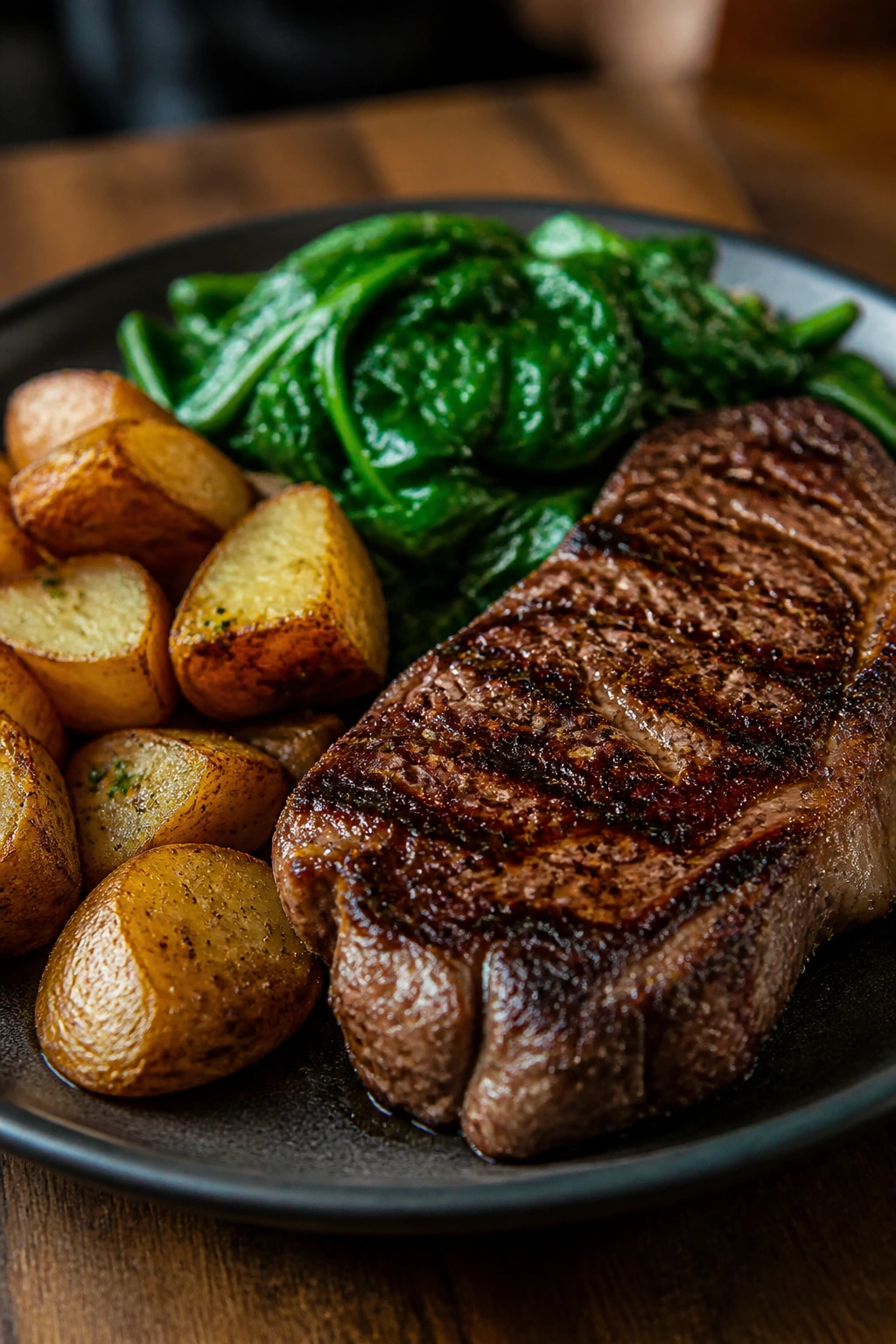 Close-up steak with potatoes and spinach on a dining table