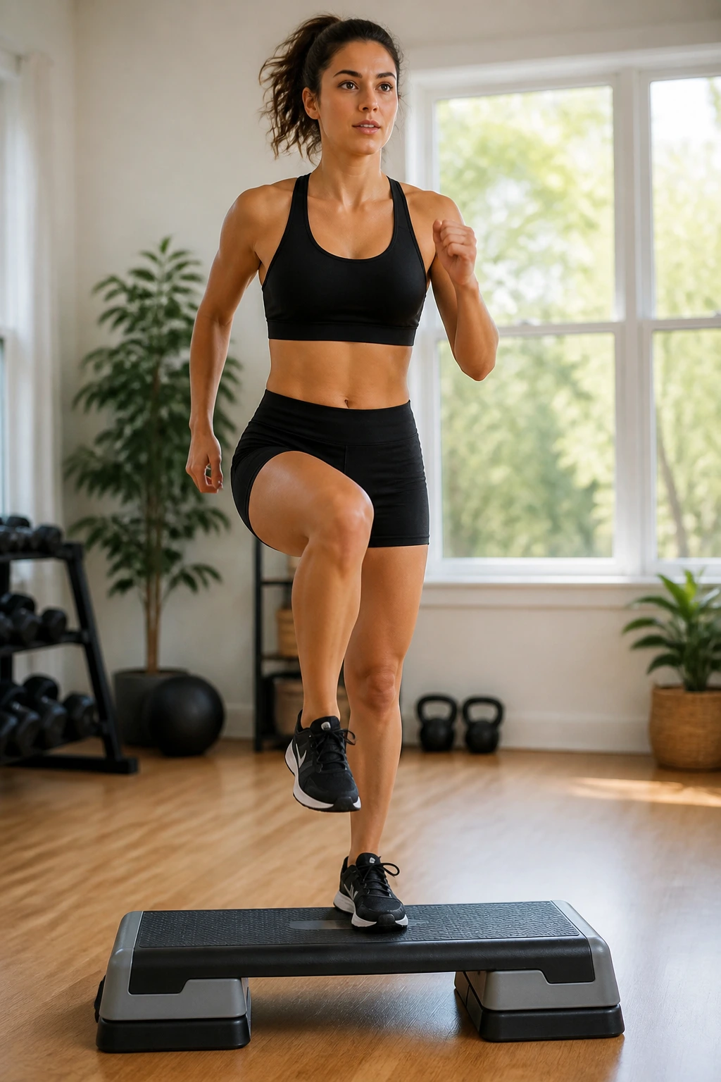 Person stepping onto an aerobic step in a bright home gym