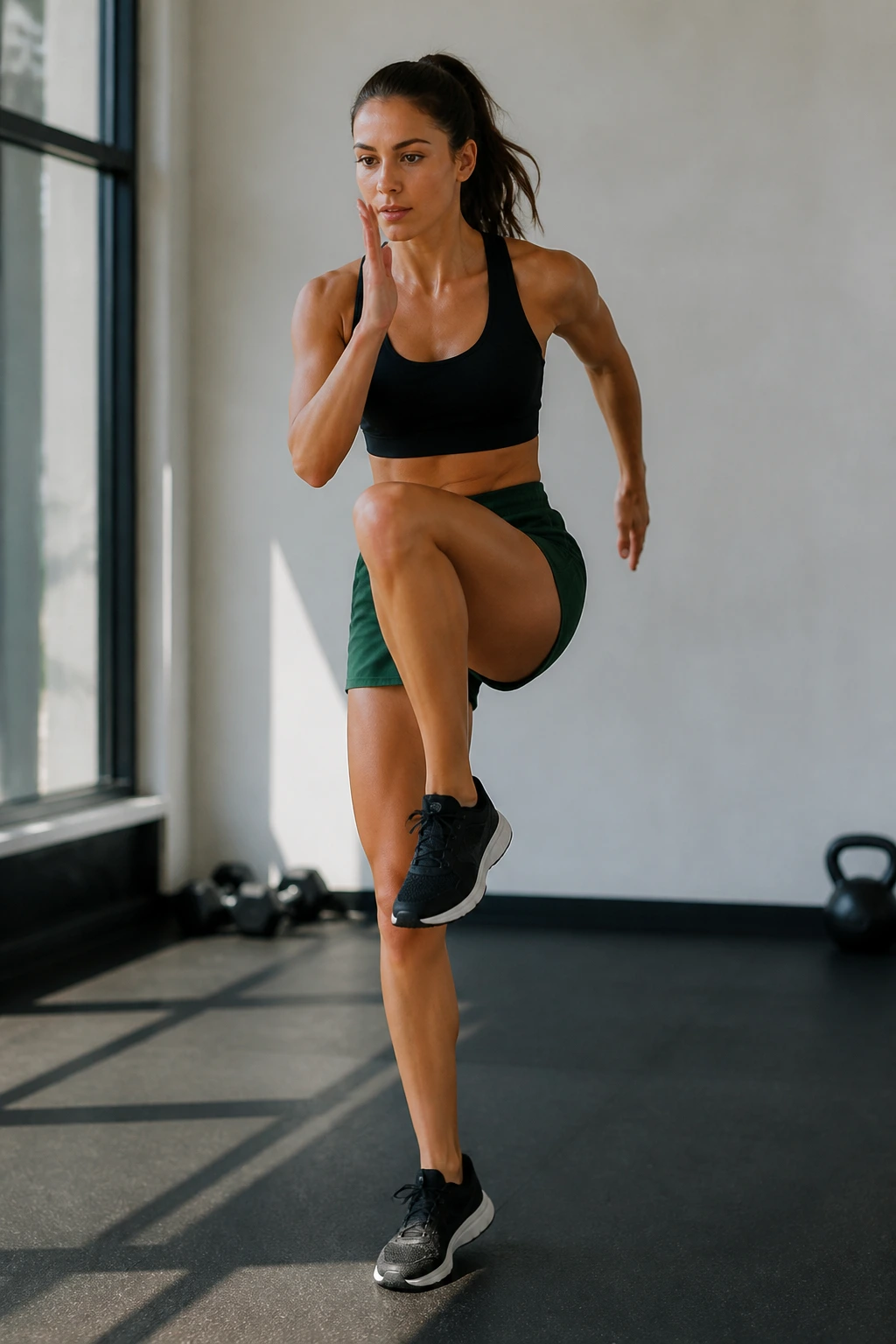 Real person performing step-back taps with arm drive in a gym