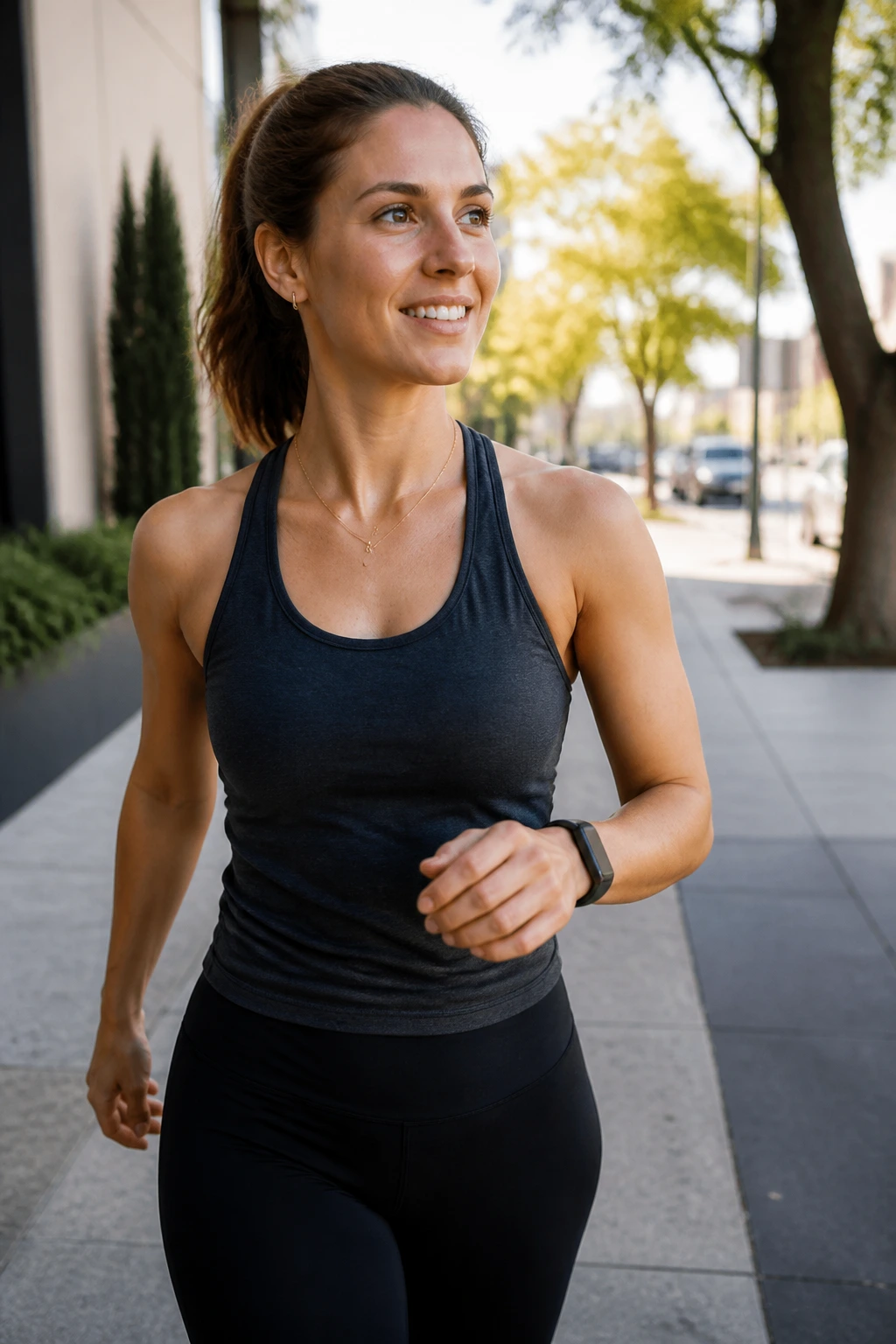 Woman walking with a fitness tracker in daytime urban setting