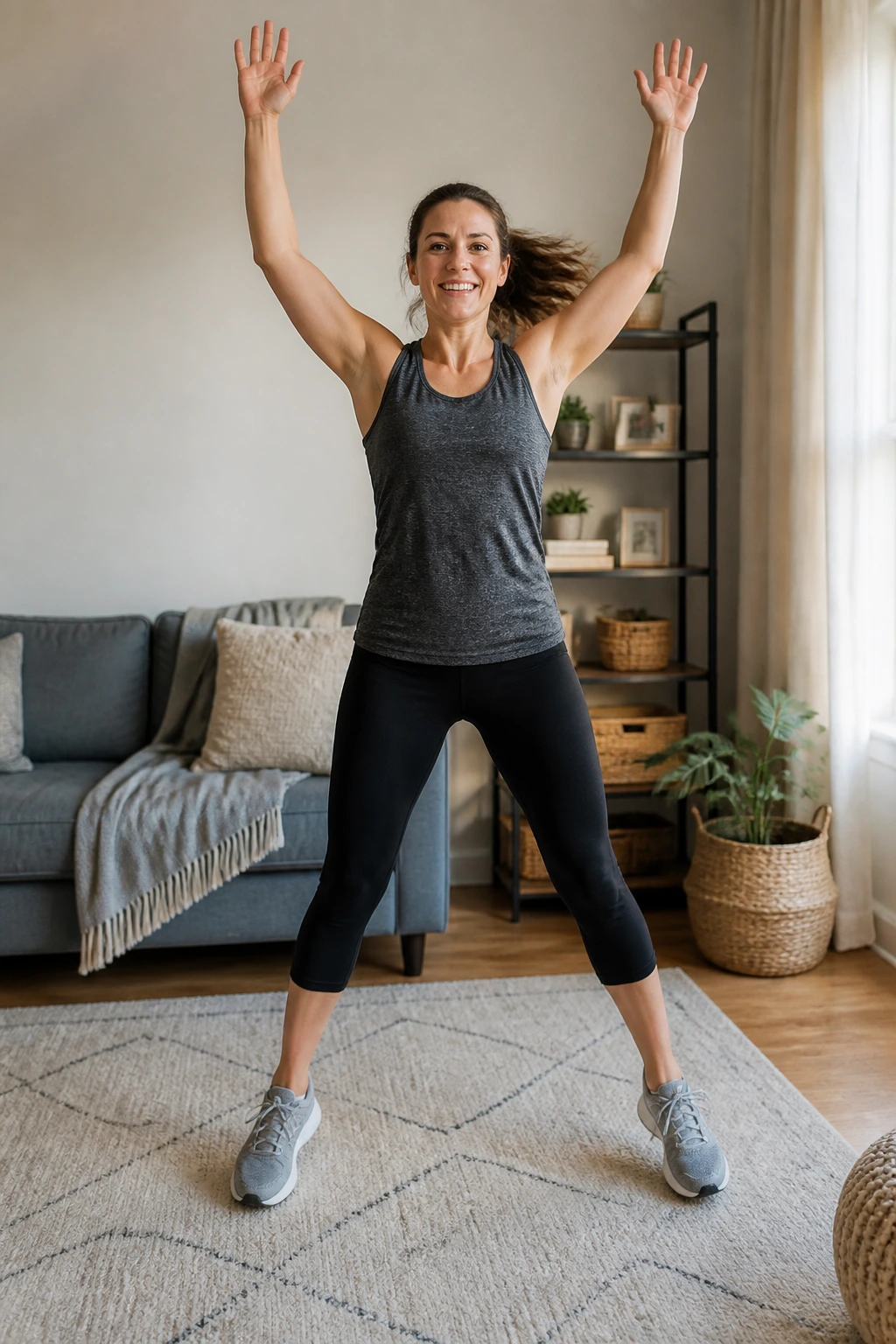 Person doing step jacks indoors with arms overhead