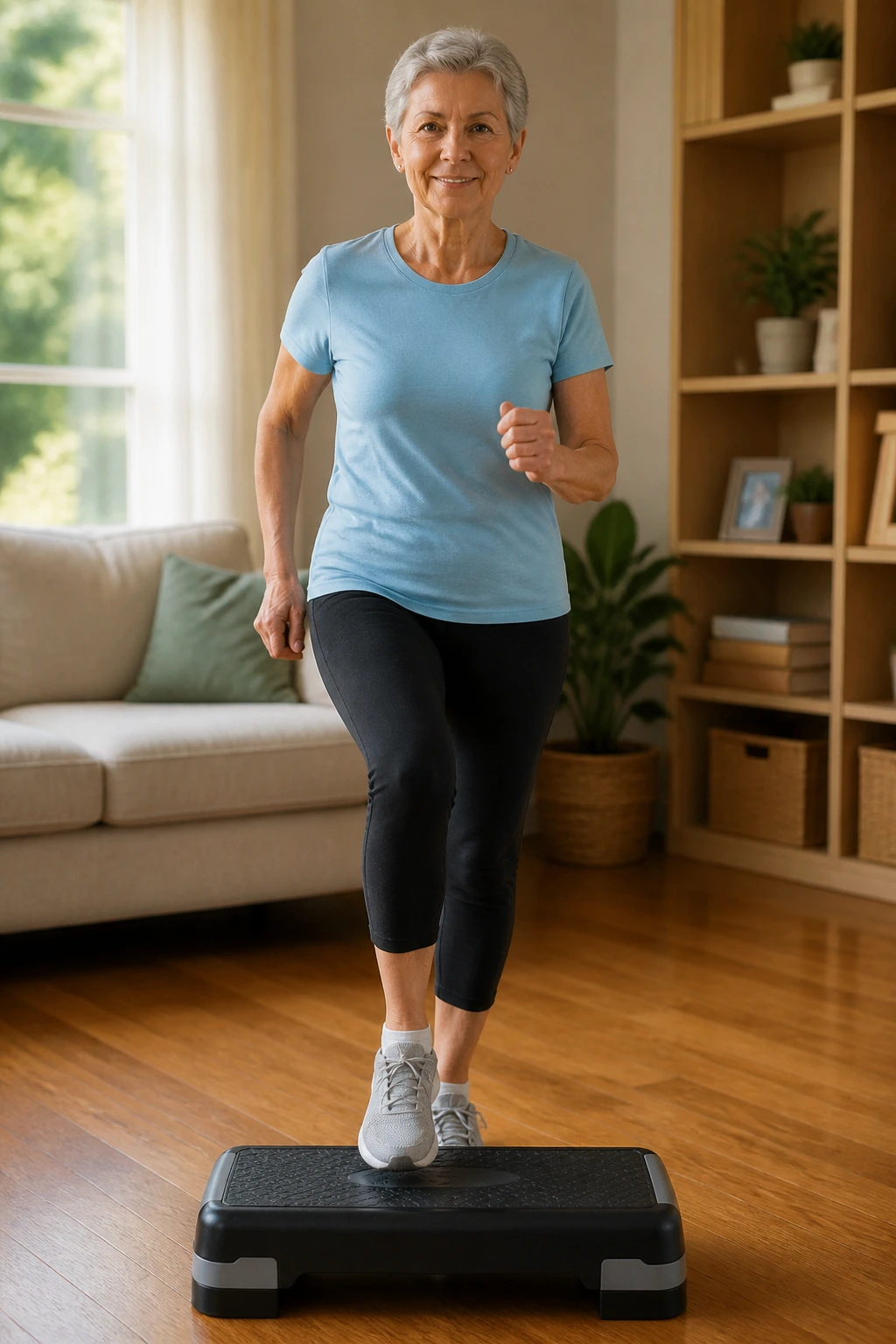 Older adult performing step taps onto a low step for balance
