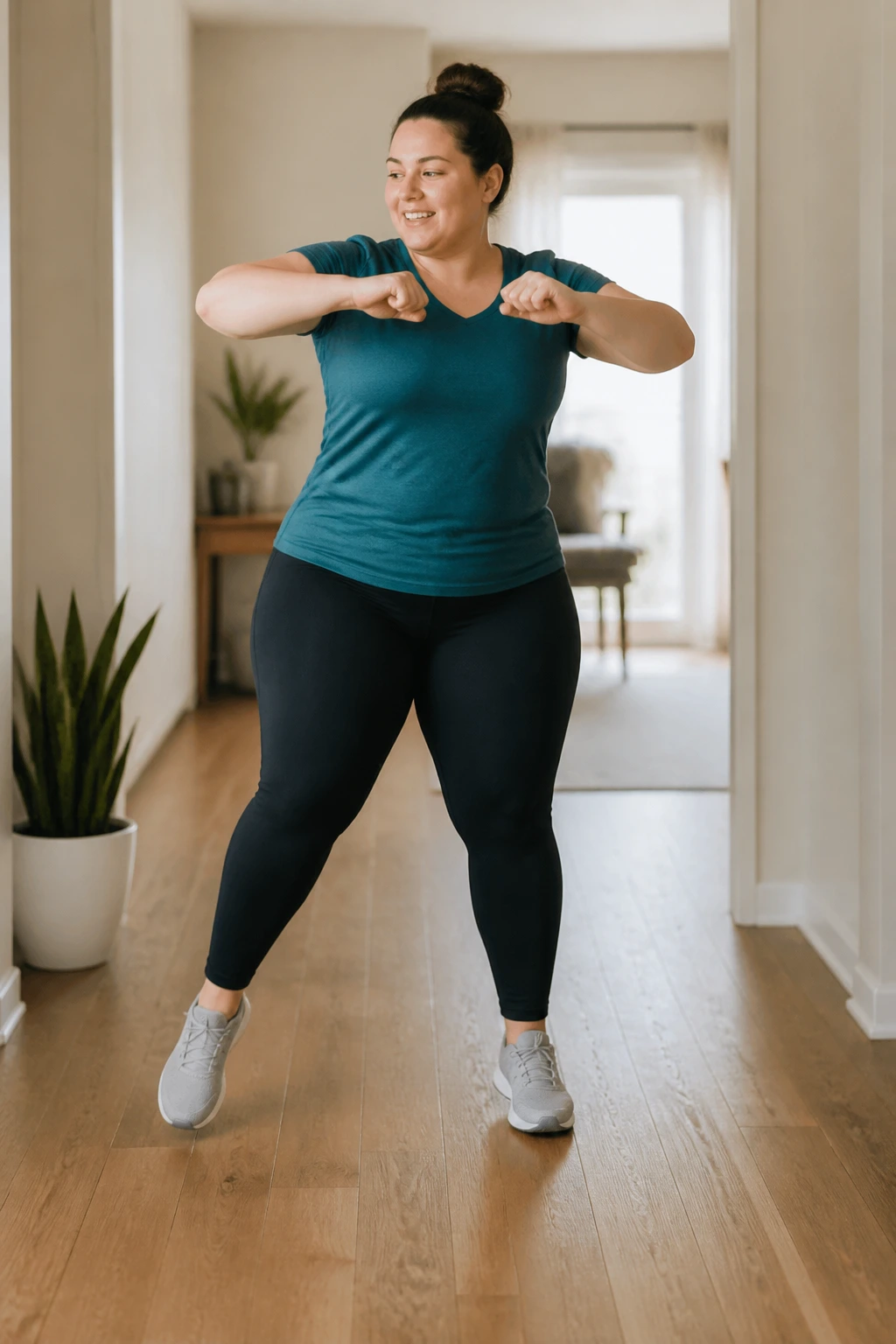 Person doing step-touches cardio in a home hallway