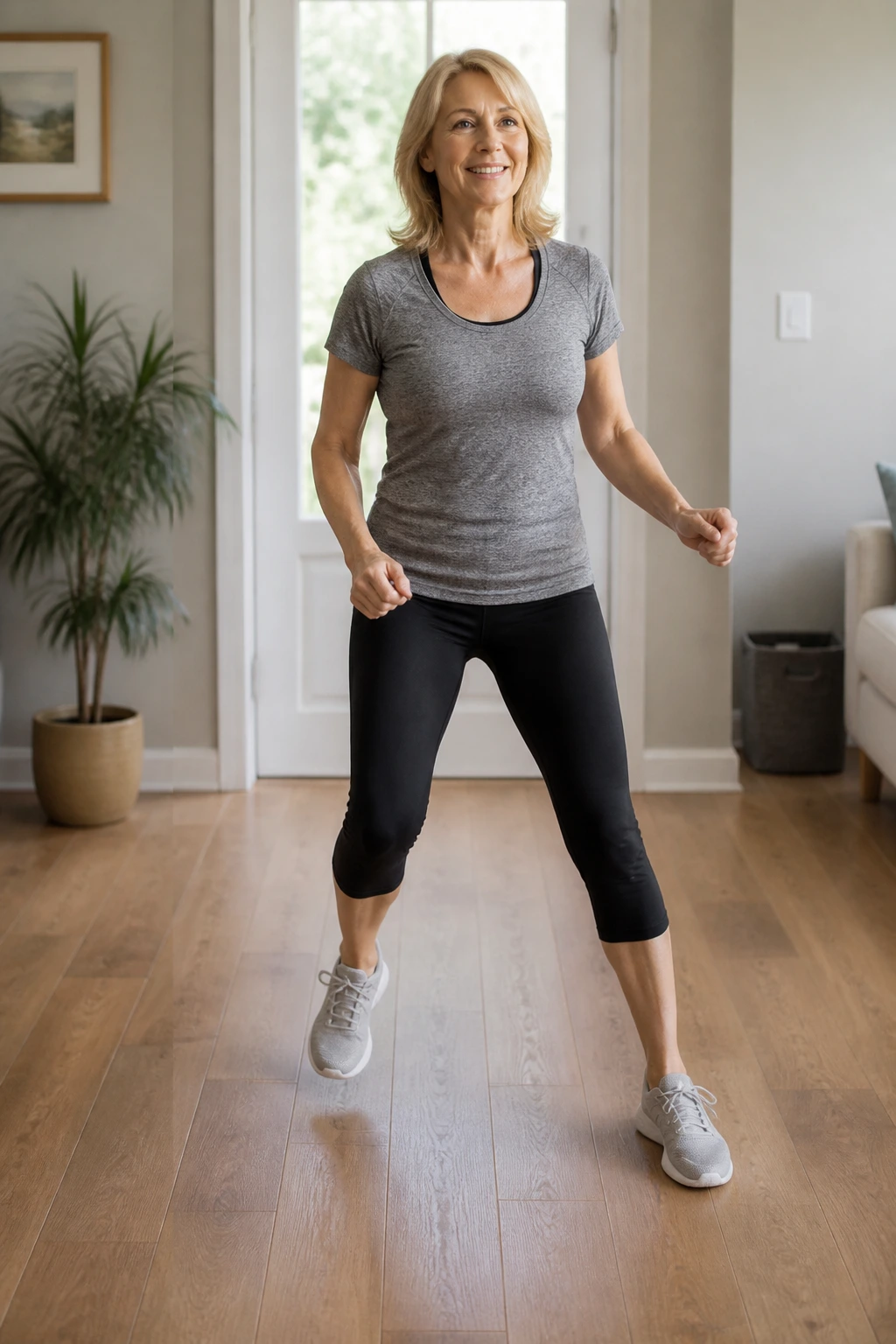 Mid-shot of a person doing step-touch cardio in a small room.