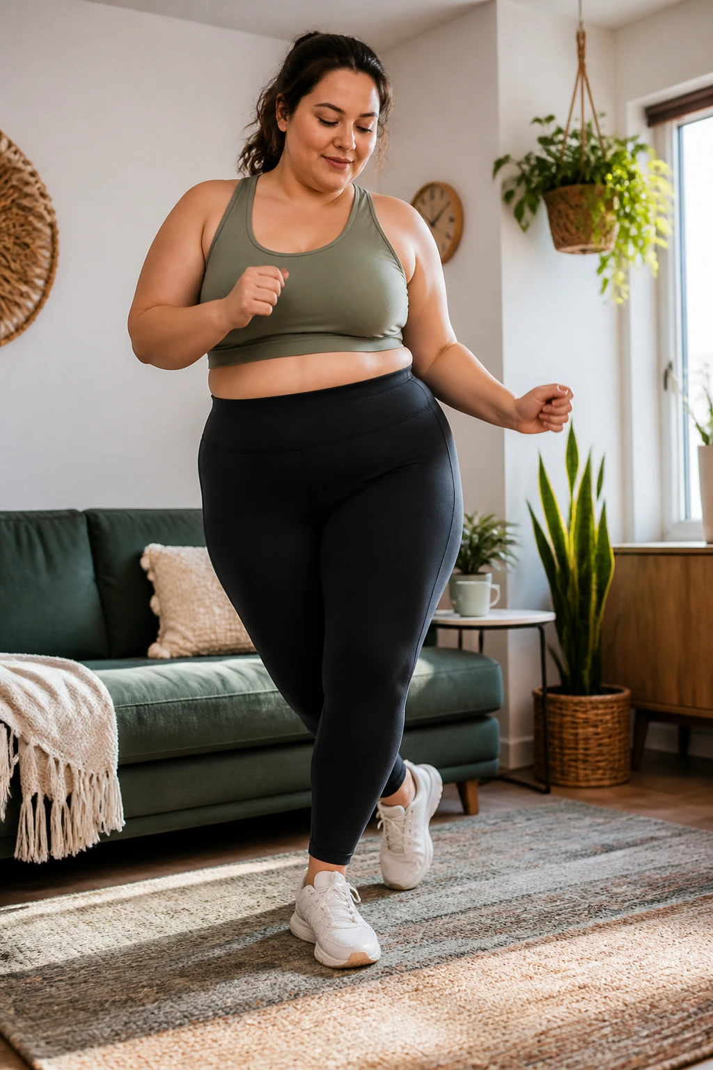 Medium close-up of a person doing step-touches in a living room