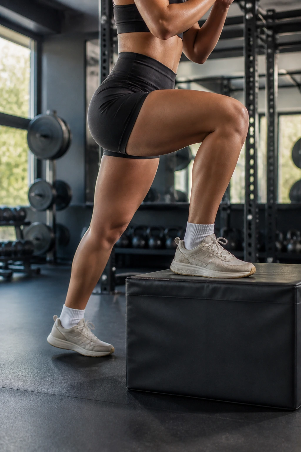 Real athlete performing a step-up onto a box in gym, front foot on box and glute engaged