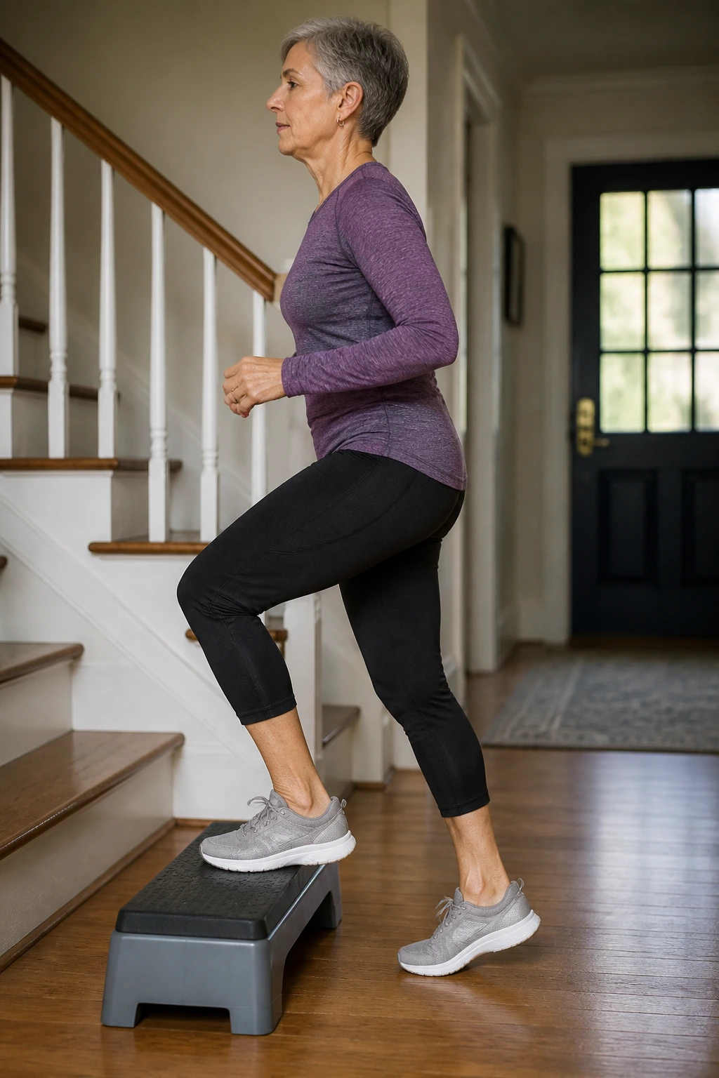 Close-up of a person stepping onto a low step in a home entryway