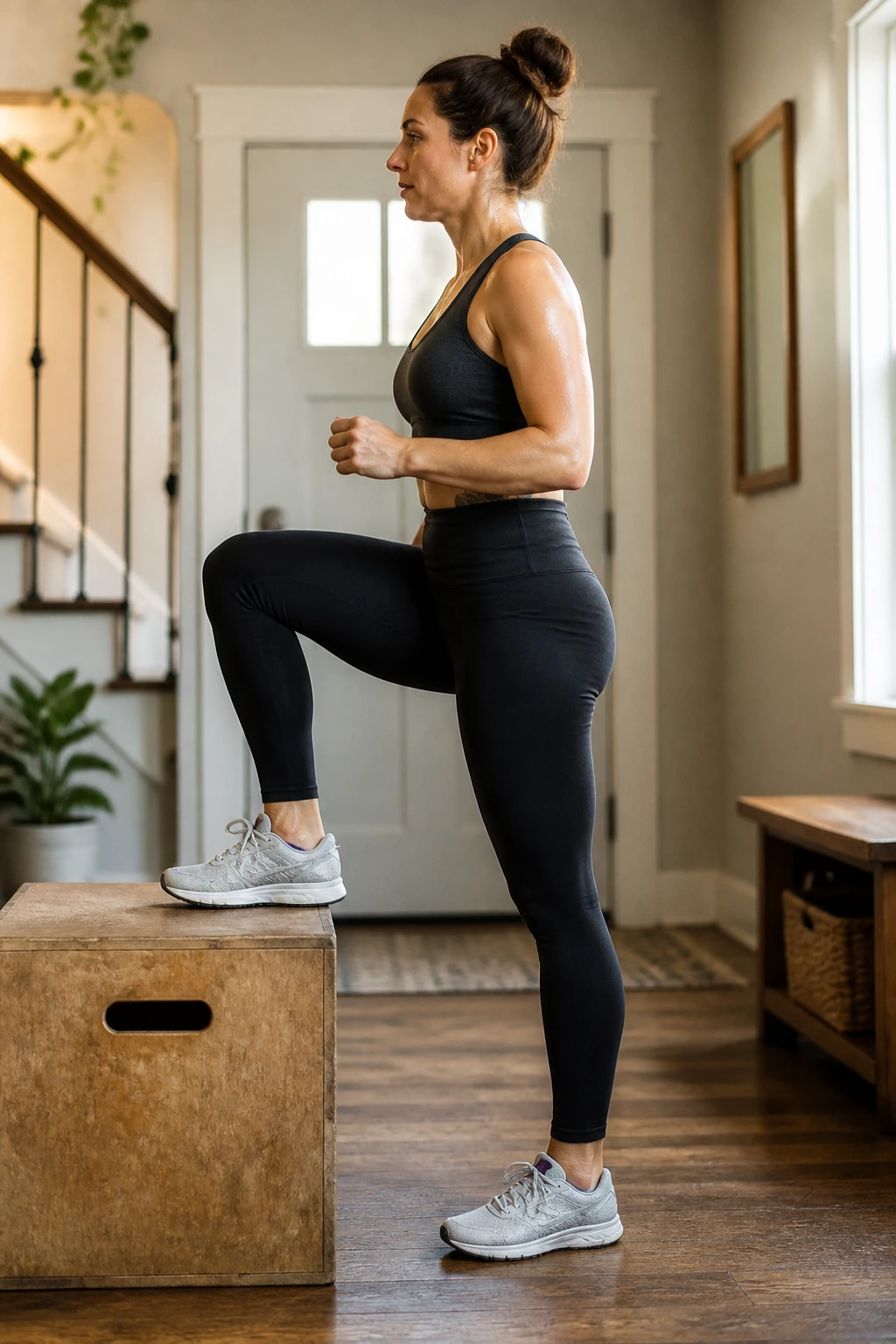 Postpartum mom performing step-up on a box in home setting
