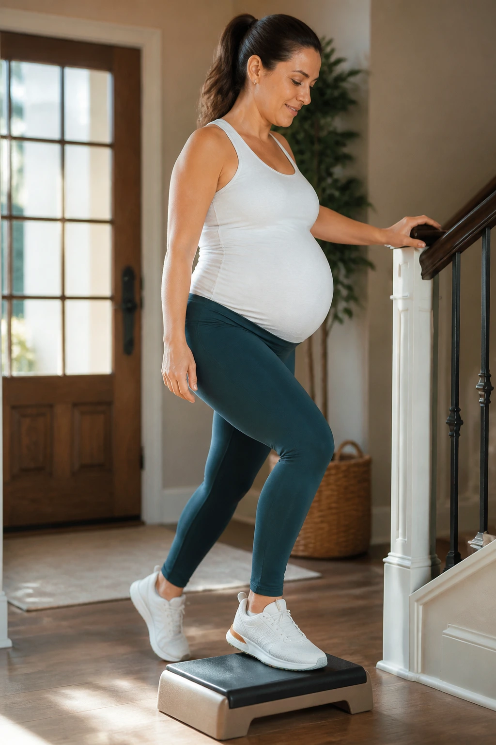 Person performing a low step-up on a small platform in a home setting