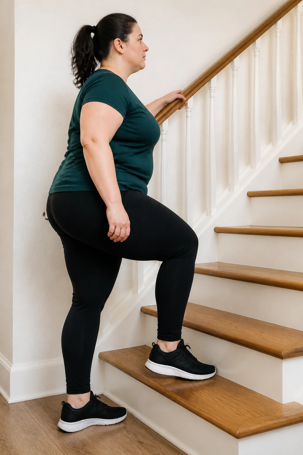 Real person performing a low-step up on a bottom stair in a home setting.