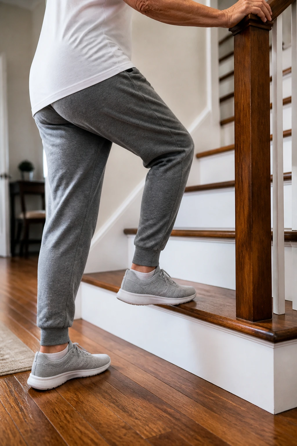 Person performing bottom-step step-ups on a low stair at home.