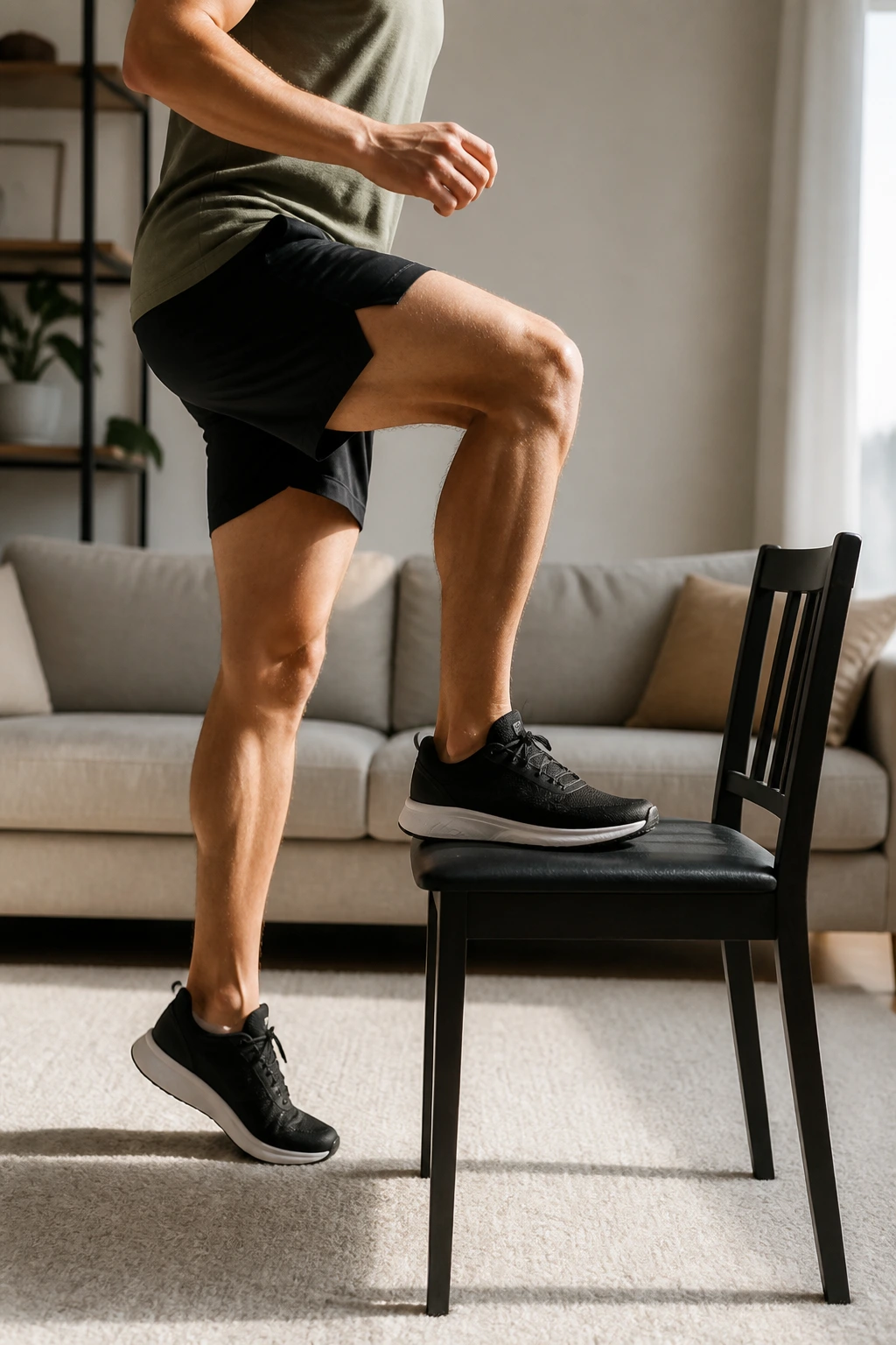 Person performing step-ups onto a sturdy chair in a living room