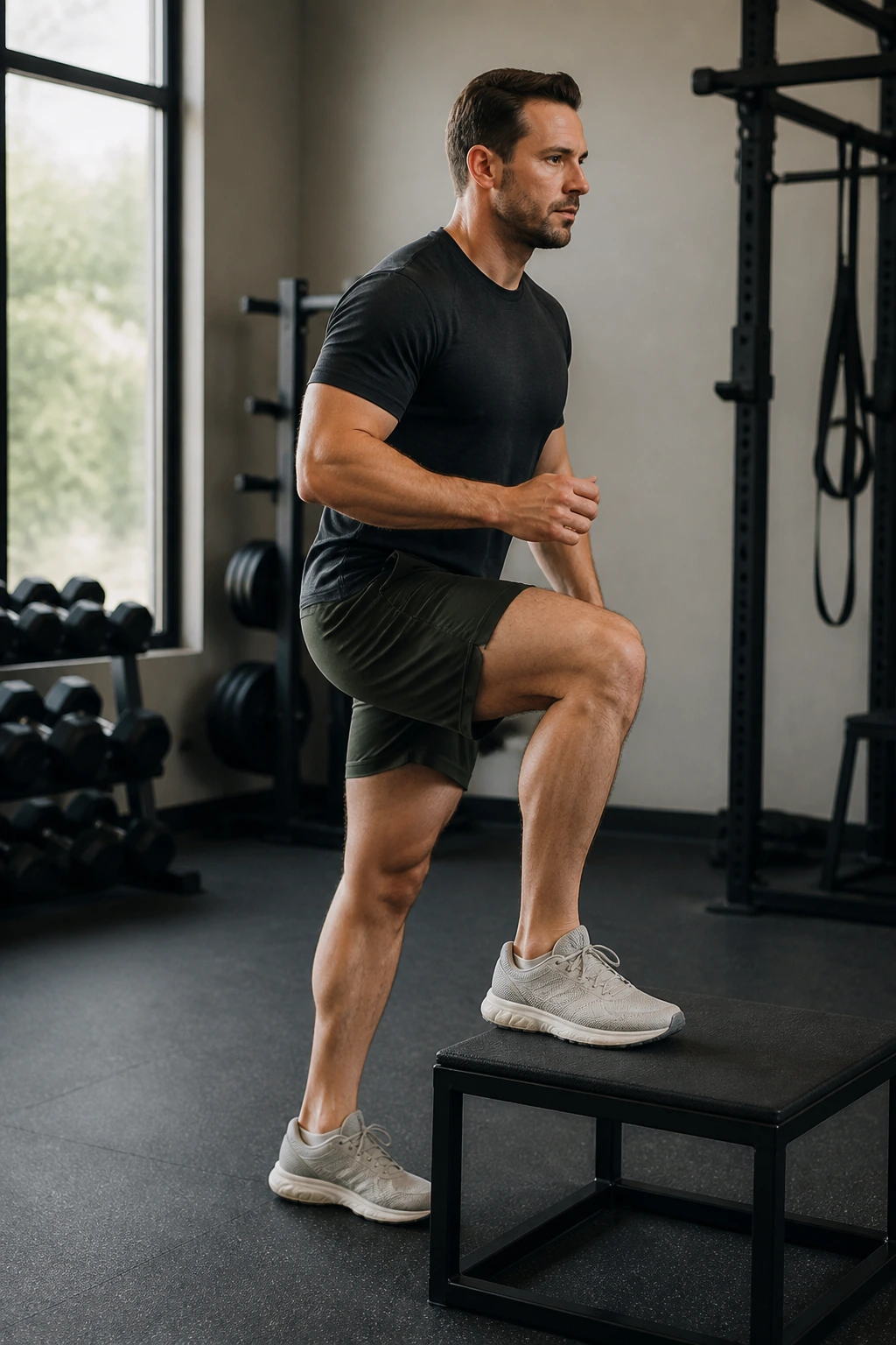 Step-up onto a low box in gym emphasizing quad and glute engagement