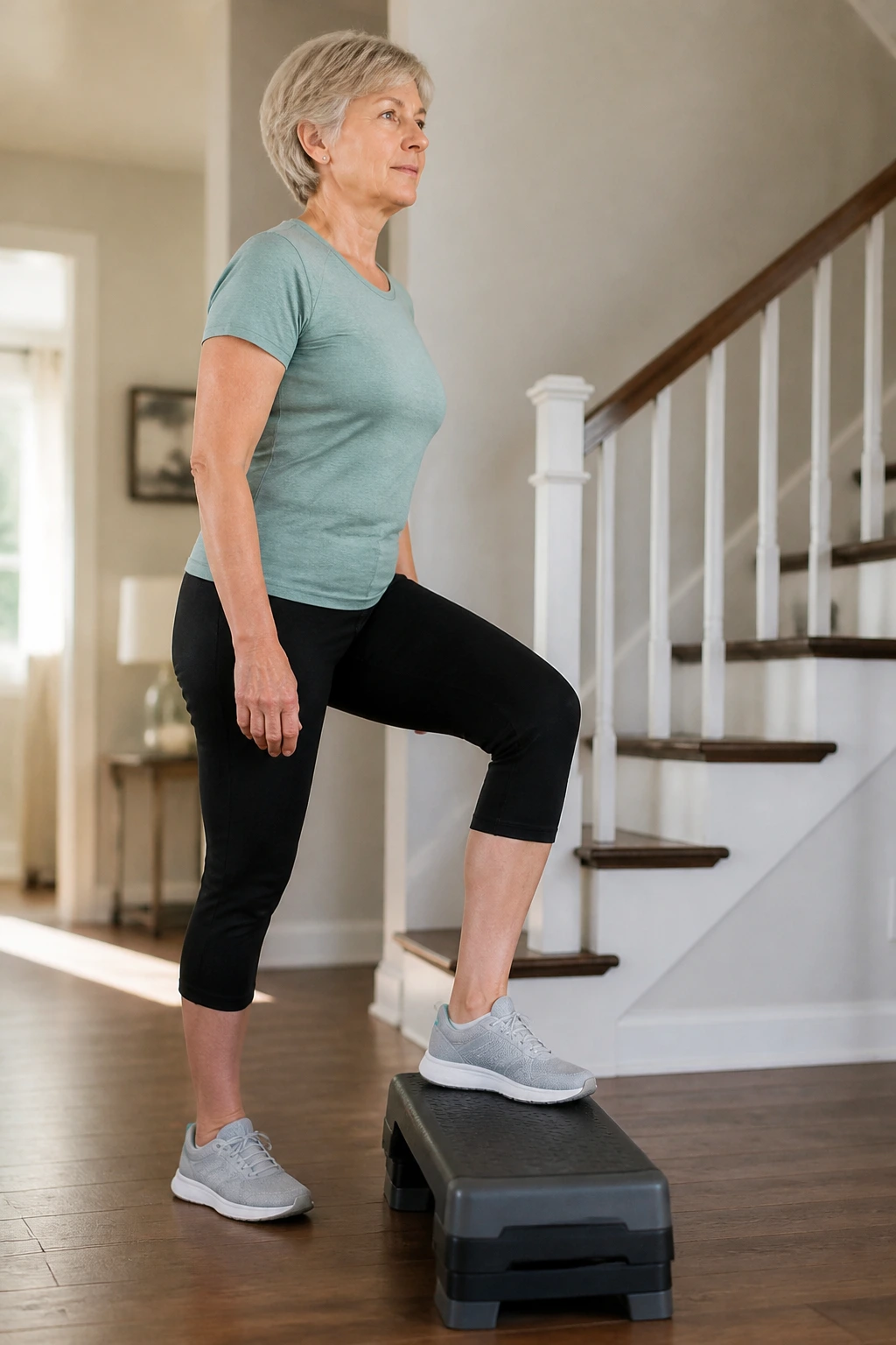 Senior performing step-ups on a low step in home