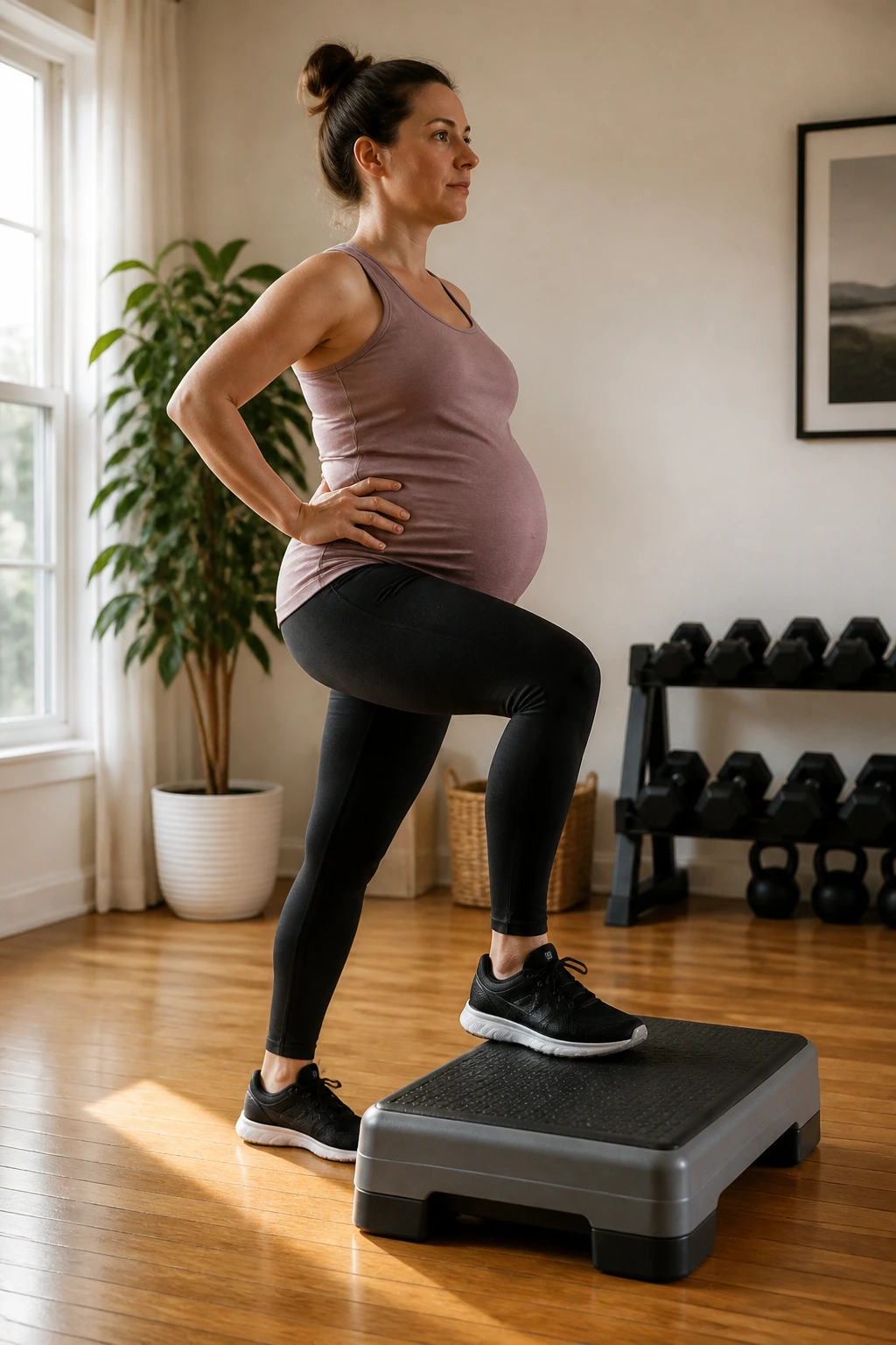 Pregnant woman stepping onto a low platform in a home gym