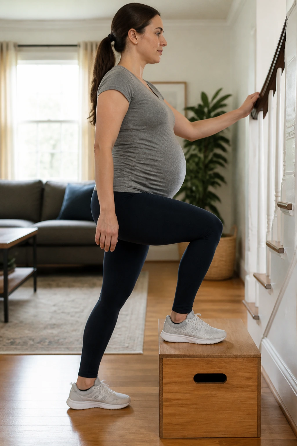 Pregnant woman doing low-height step-ups in living room