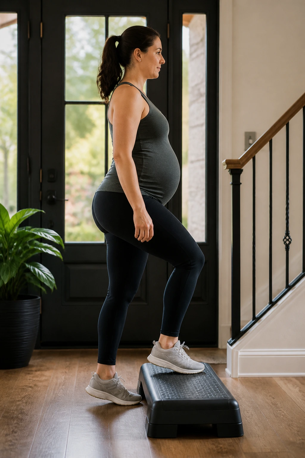 Pregnant person performing step-ups on a low platform