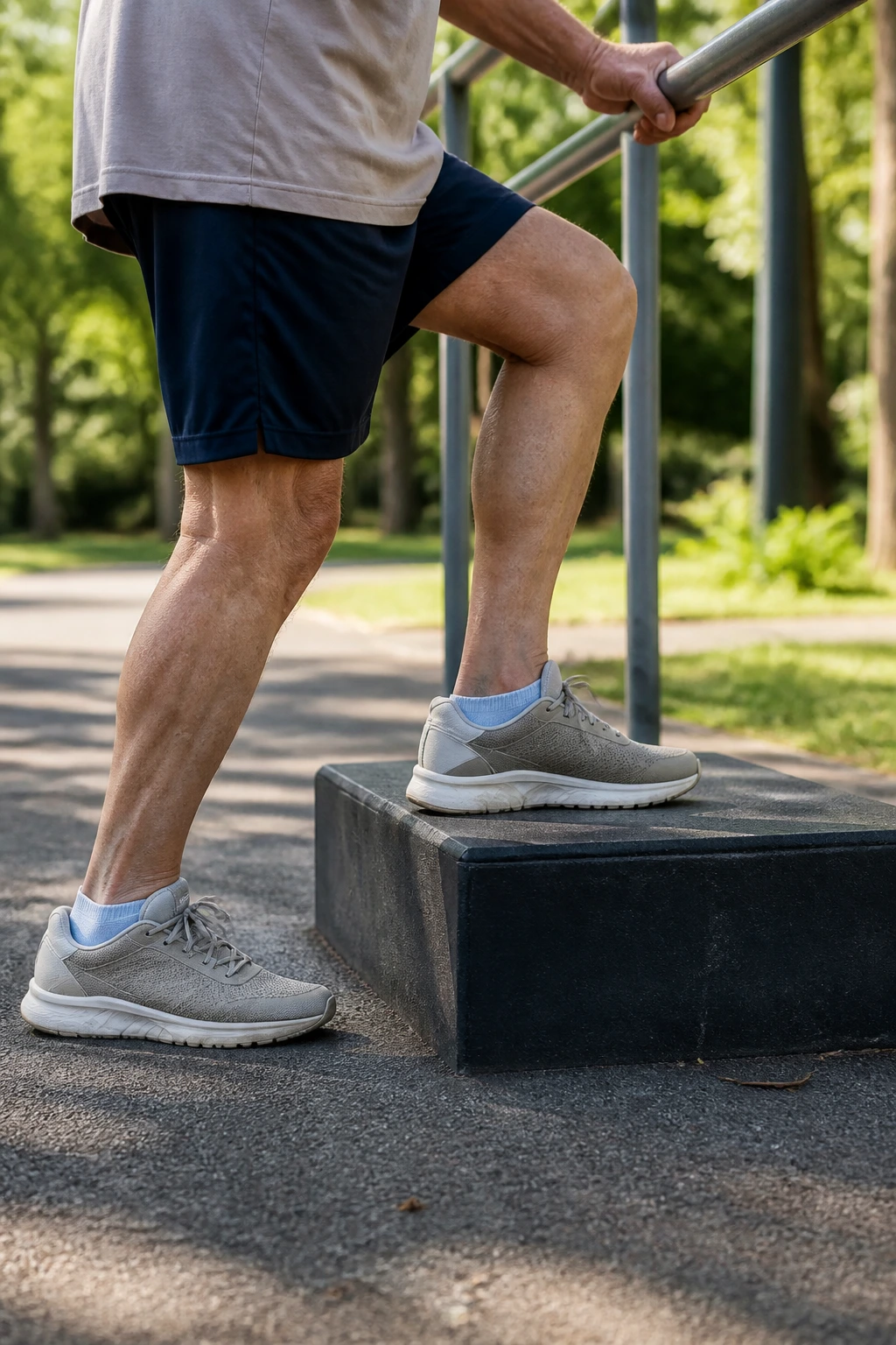 Senior performing low step-ups on a park platform