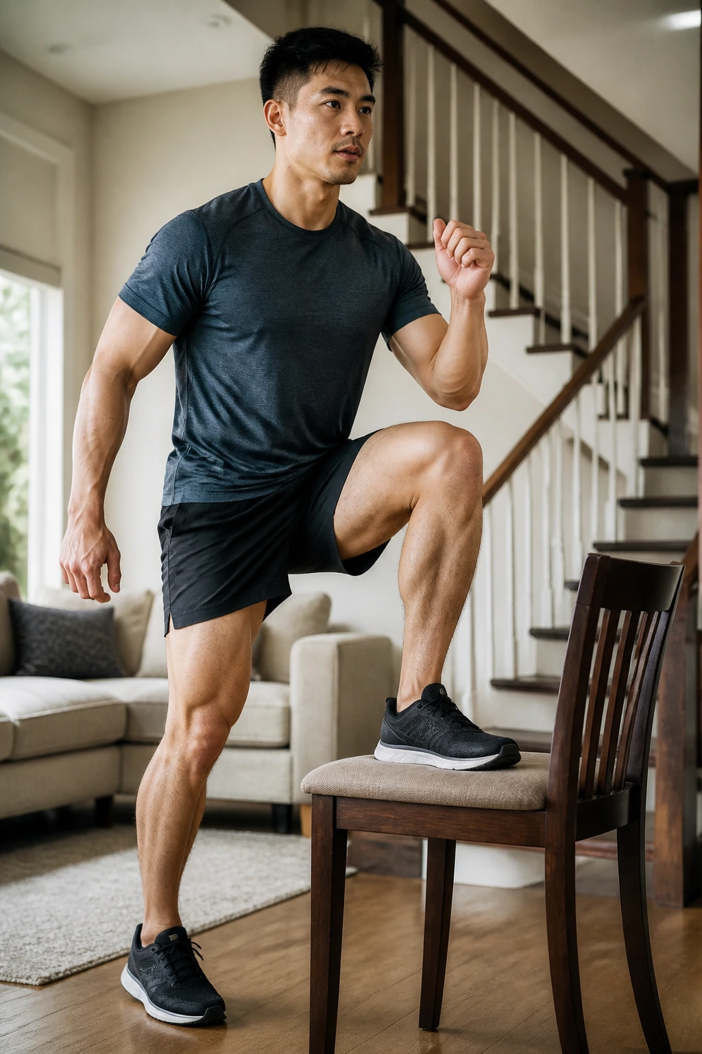 Medium close-up of a person stepping up onto a chair in a home setting