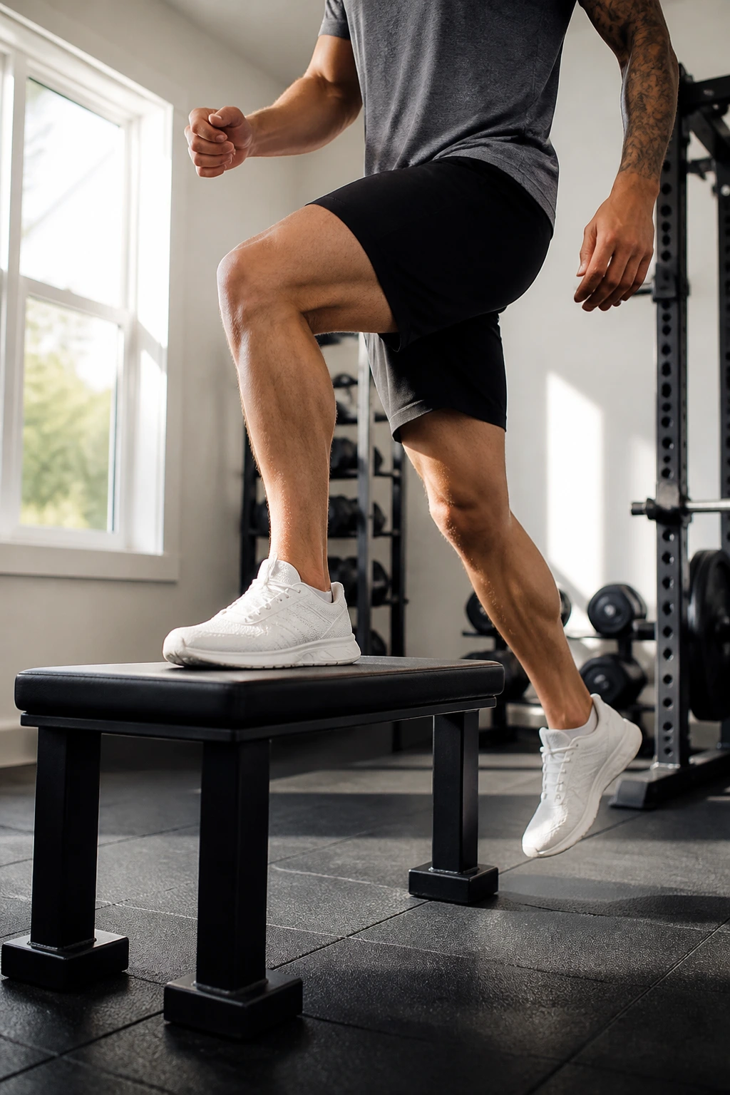 Person performing a step-up onto a bench with controlled motion