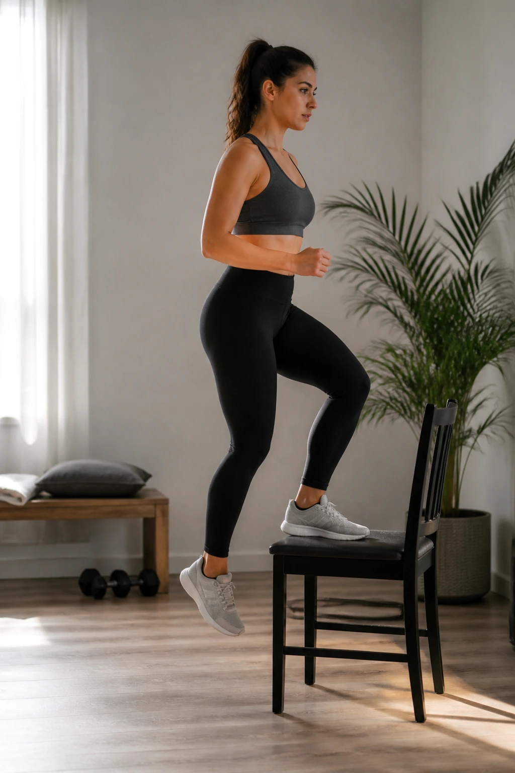Medium shot of a person performing step-ups onto a chair