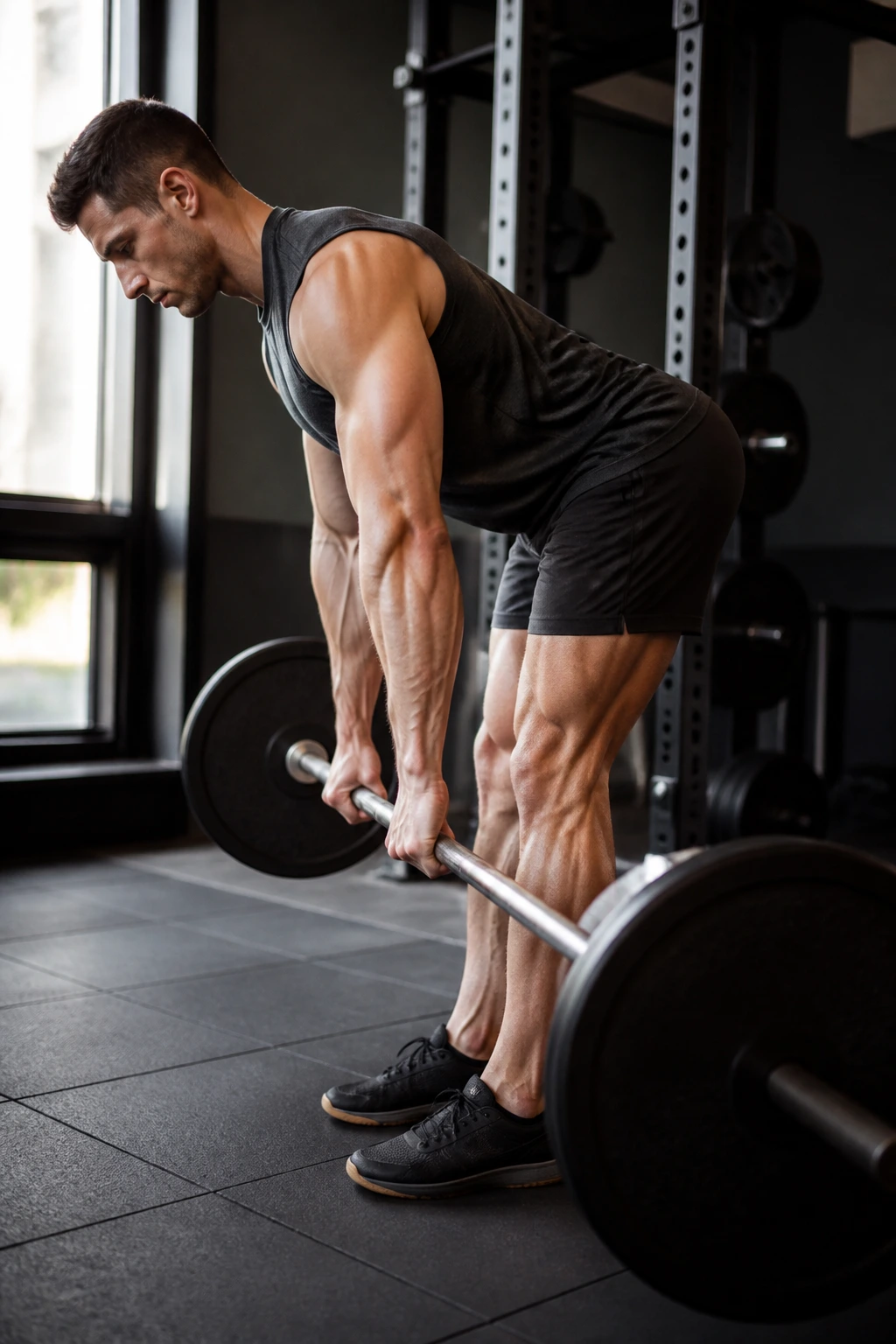 Lifter performing stiff-leg deadlift with long hamstrings