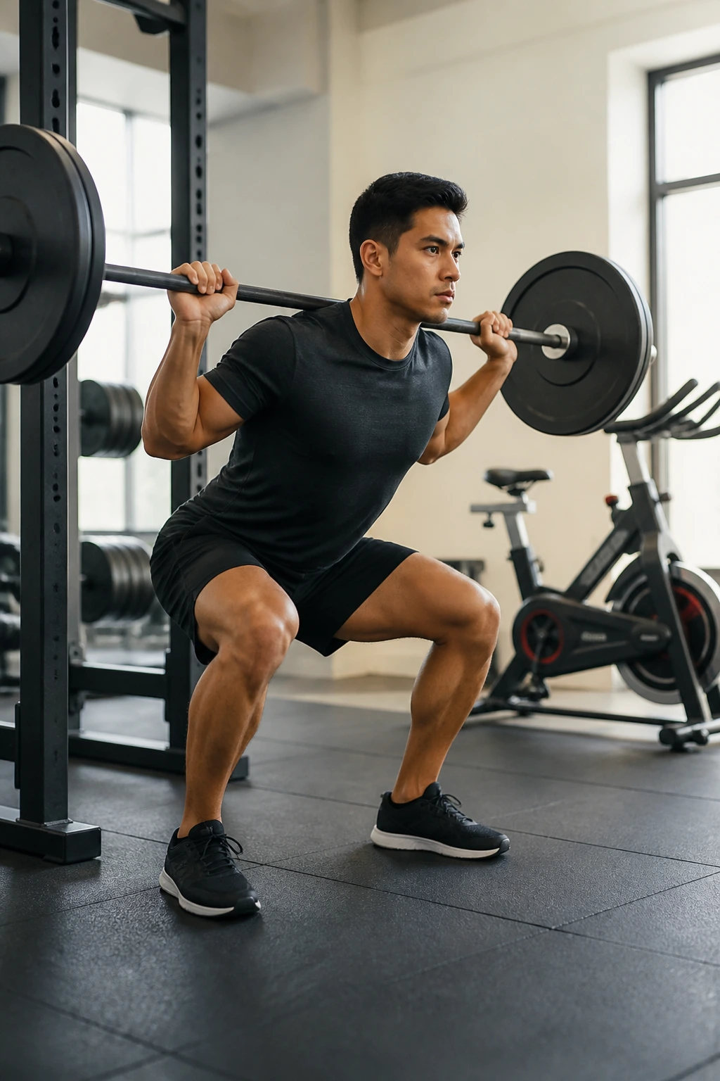 Person performing squat with cardio equipment in gym background for alternating days plan