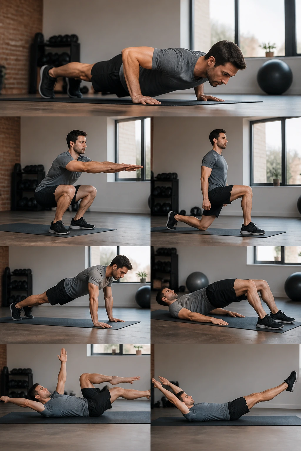 Person performing a seamless strength complex sequence at home