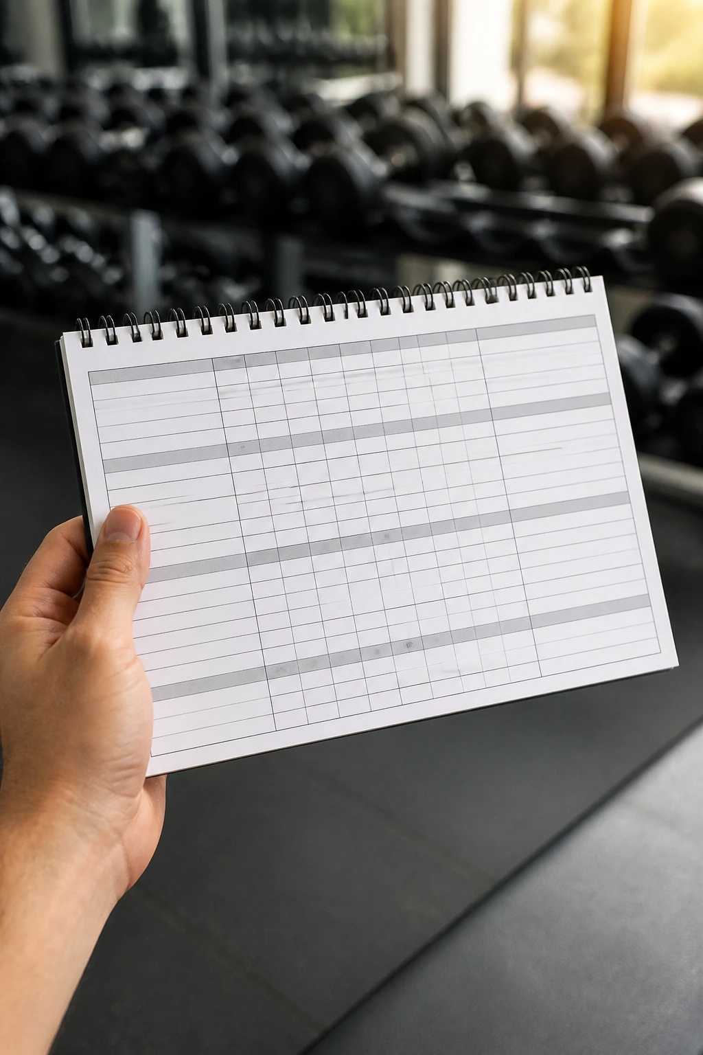 Close-up of a blank strength log page with columns for sets x reps and weight in a gym