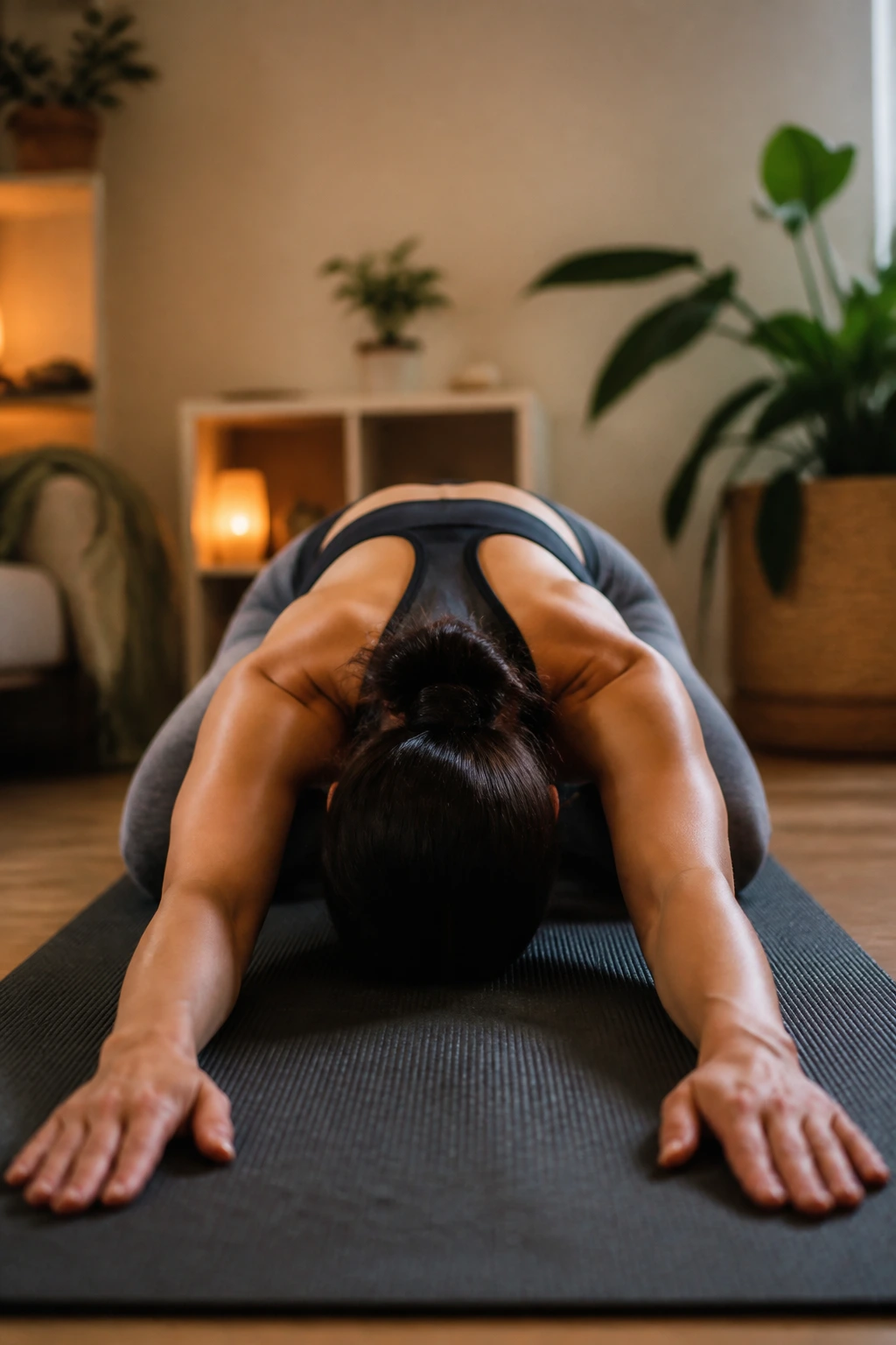 Person in Child's Pose with long exhales in a calm home space