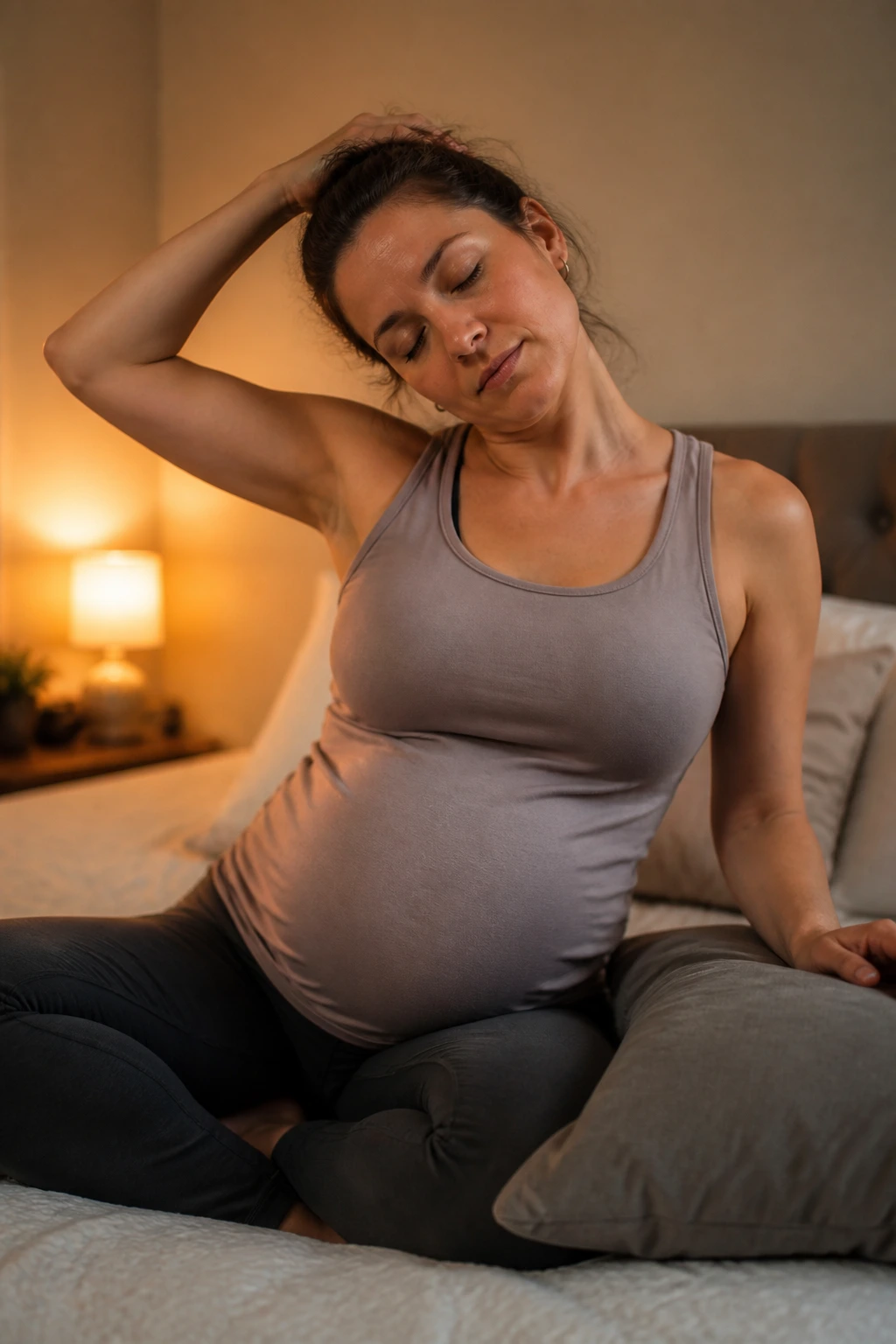 Pregnant woman stretching in bed during evening routine