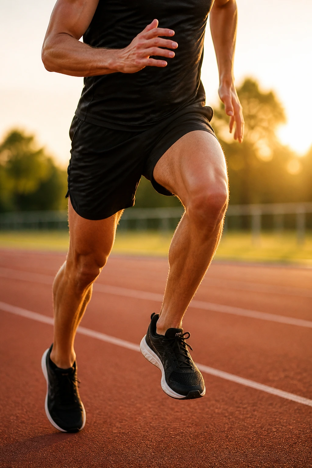 Close-up of a sprinter performing strides after an easy run on an outdoor track