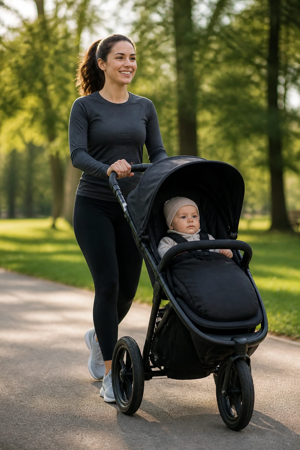 Mother pushing a stroller on a park path during intervals.