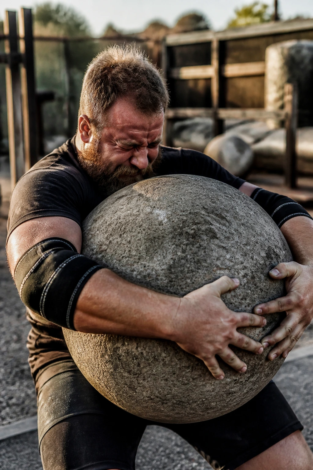 Athlete gripping atlas stone during strongman training.