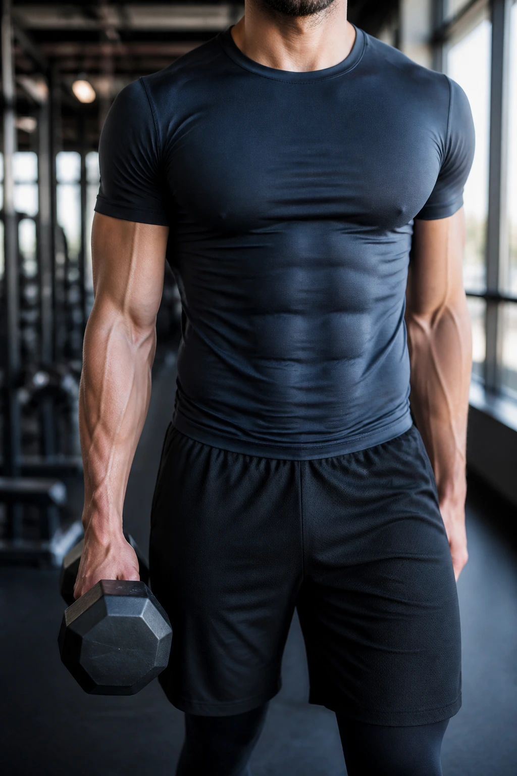 Close-up of a person performing suitcase carry showing upright torso and dumbbell in one hand