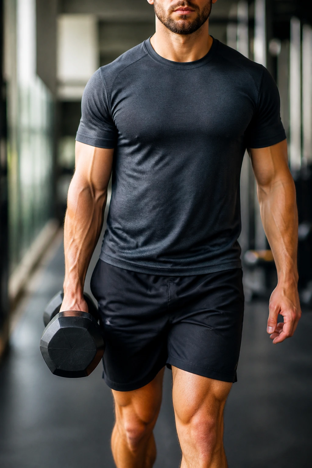 Person performing suitcase carry with weight on one side in a gym, torso upright