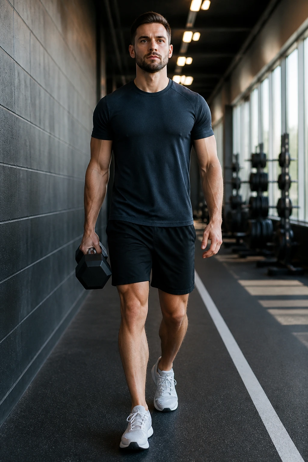 Medium-close view of suitcase carry with a single dumbbell in one hand in a gym corridor