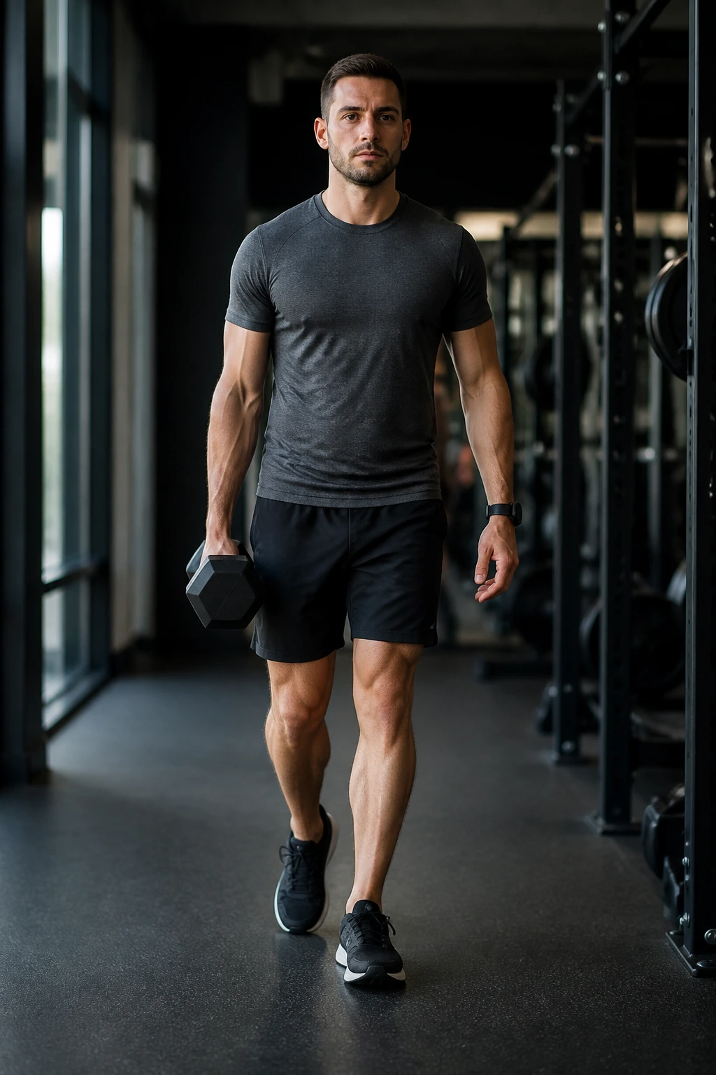 Person walking with a dumbbell in one hand performing suitcase carry in a gym.