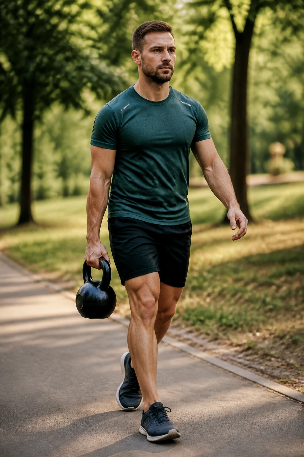 Person walking with a kettlebell in one hand during suitcase carry