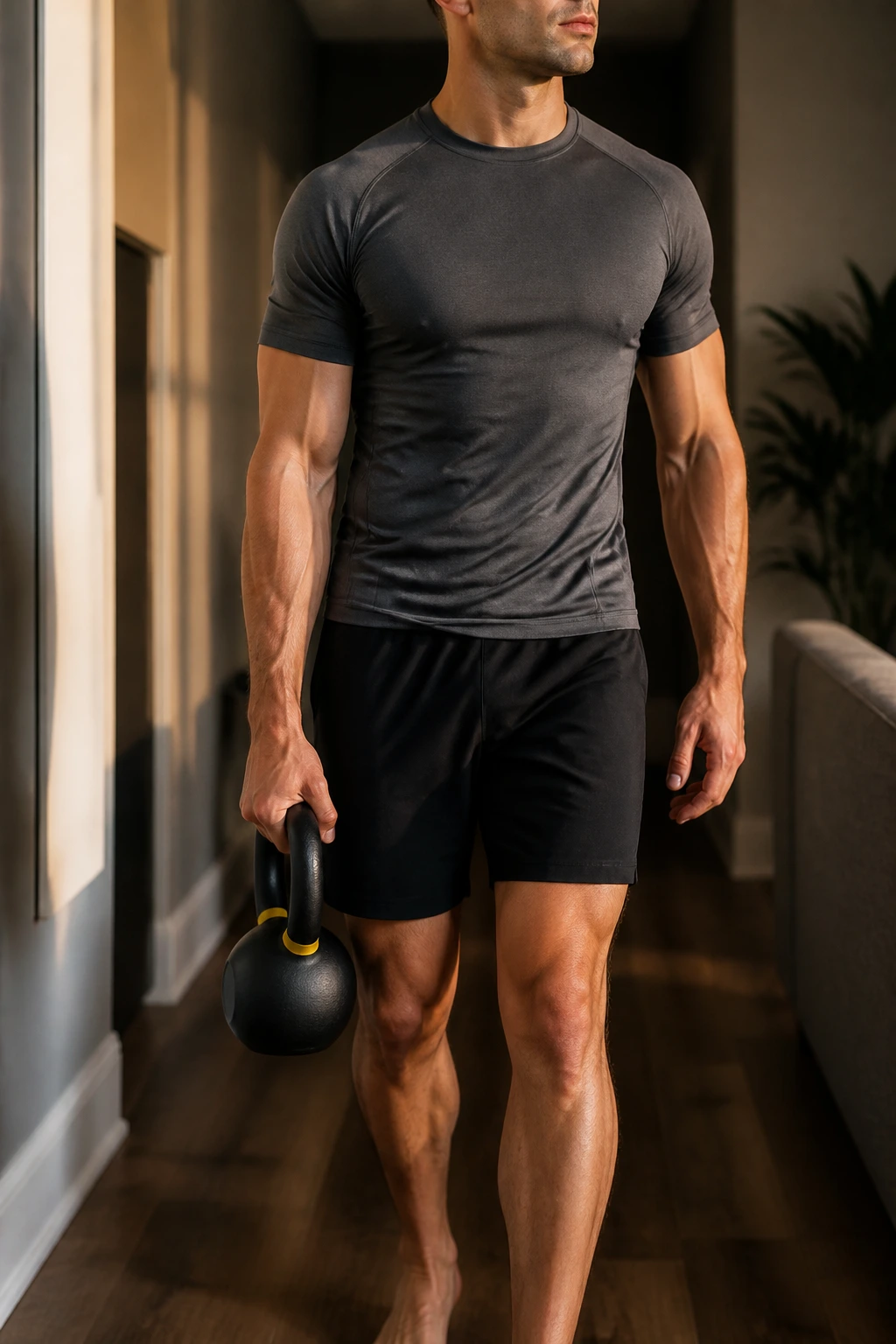 Close-up of person carrying kettlebell in suitcase carry with strong core