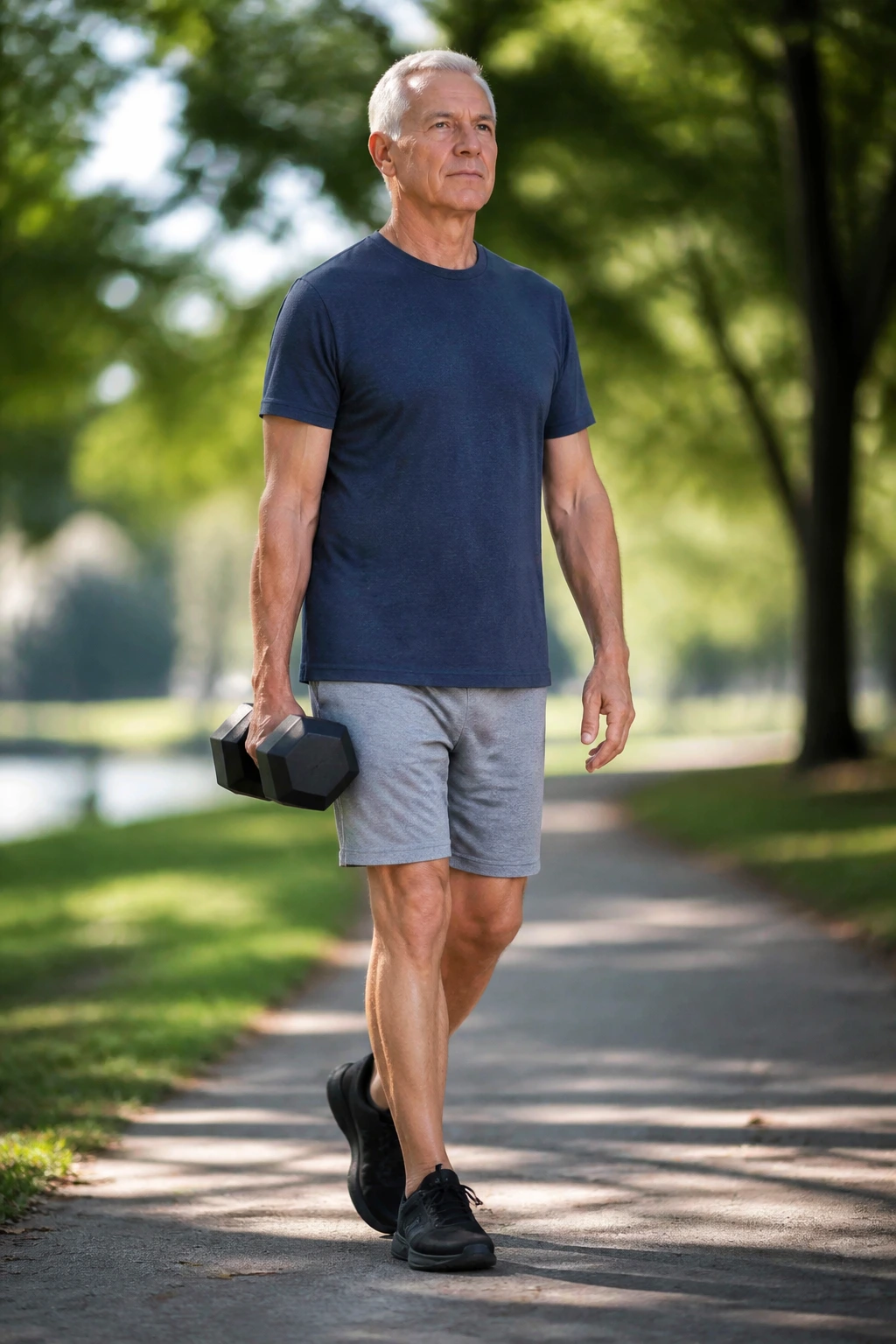 Person performing suitcase carry with dumbbell on one side while walking