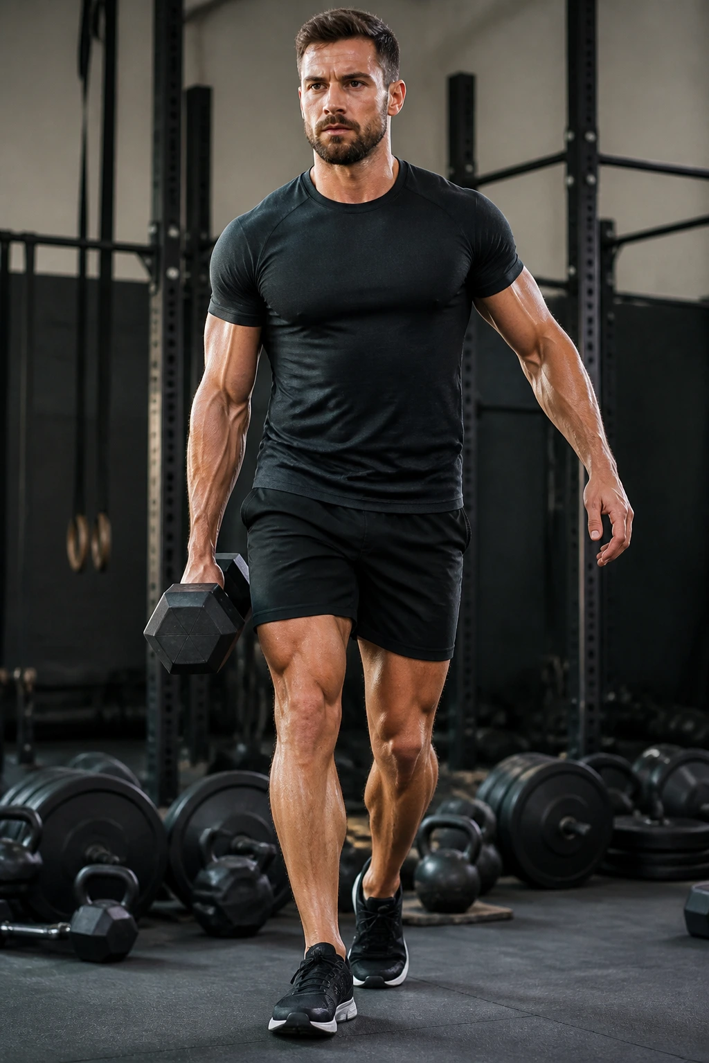 Athlete carrying a heavy dumbbell in suitcase carry position