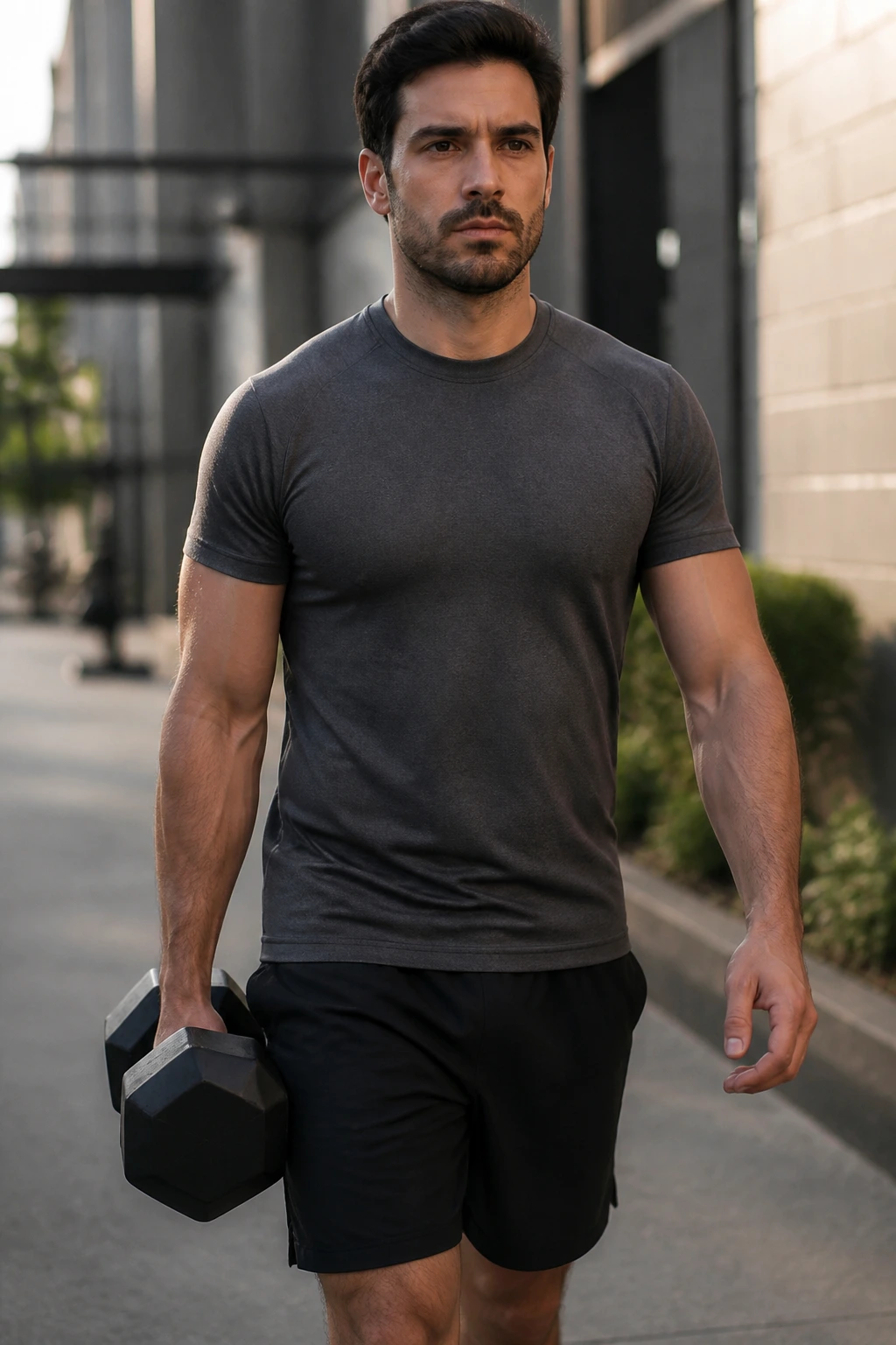 Person performing suitcase carry with dumbbell at side in gym or outdoor path