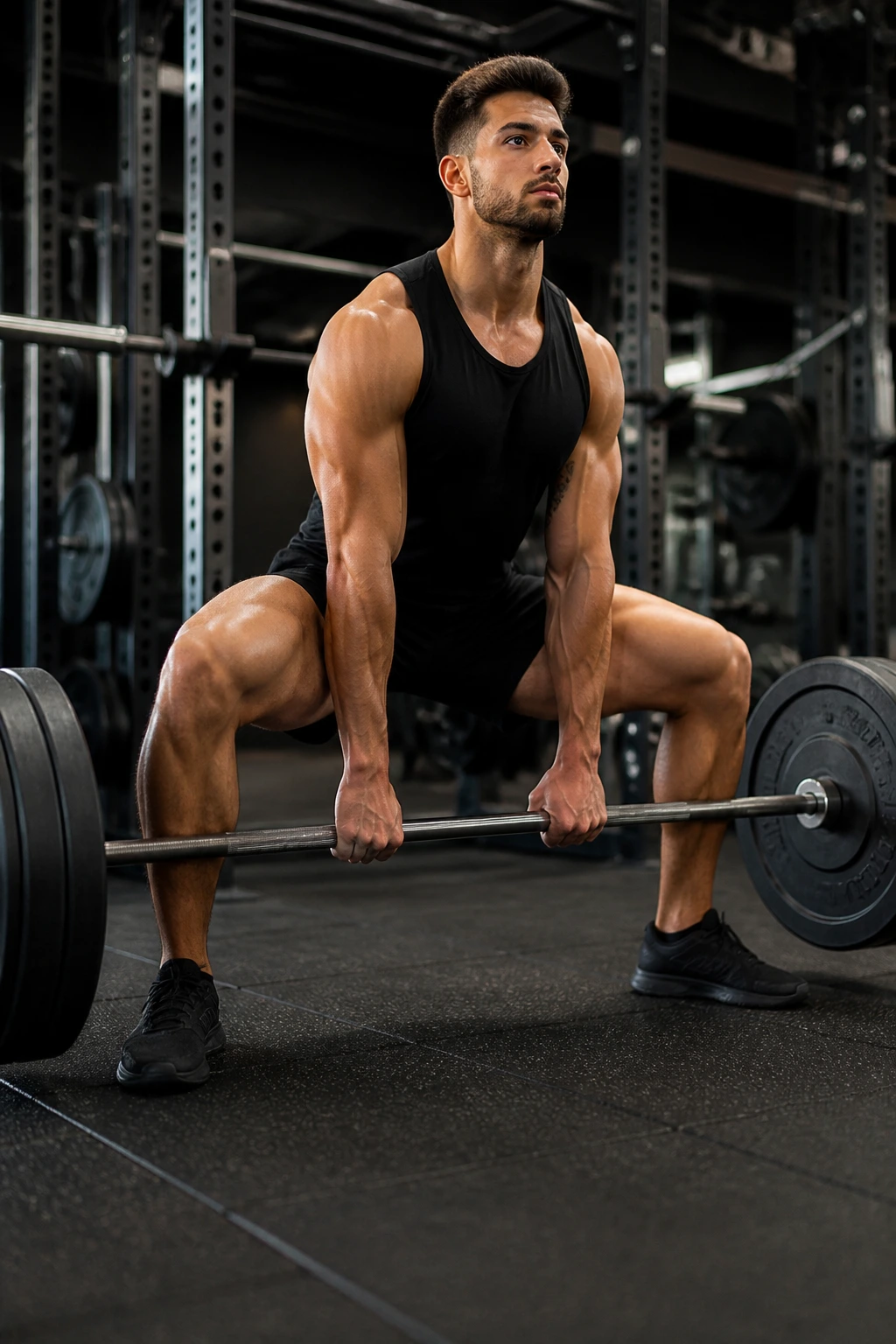Sumo deadlift with wide stance and barbell in gym