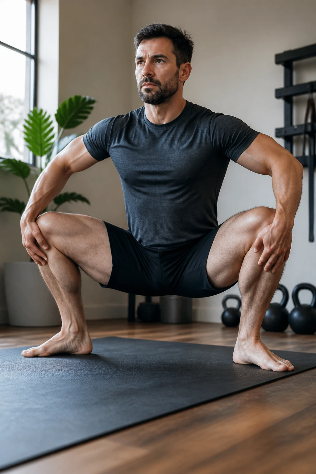 Person in a sumo squat hold with hands on inner thighs
