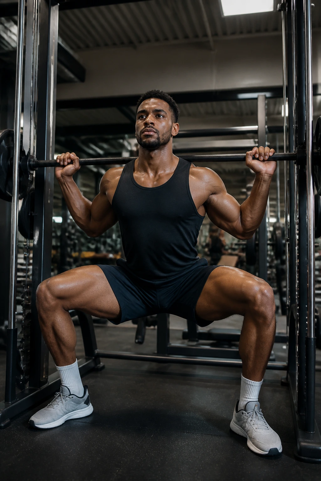 Medium close-up of a lifter's legs in a sumo squat on a Smith machine in a gym