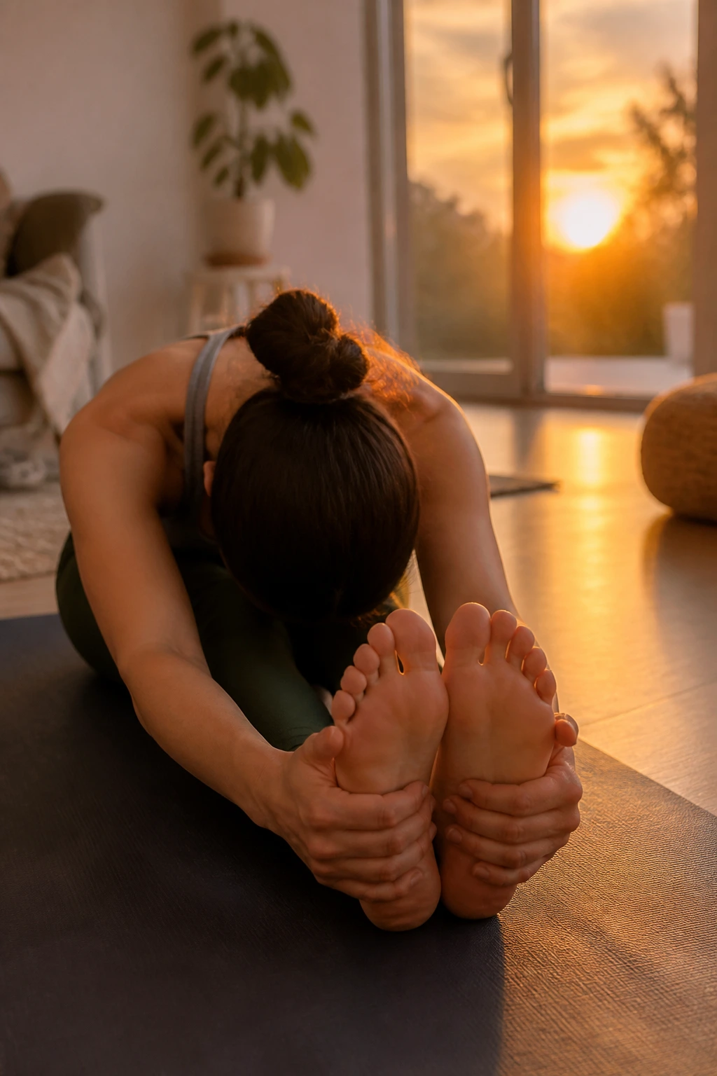 Medium close-up of a person in seated forward fold on a yoga mat with warm sunset light in a cozy living room
