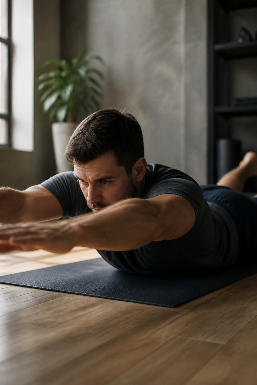 Real person in Superman Hold on a mat with extended arms and legs.