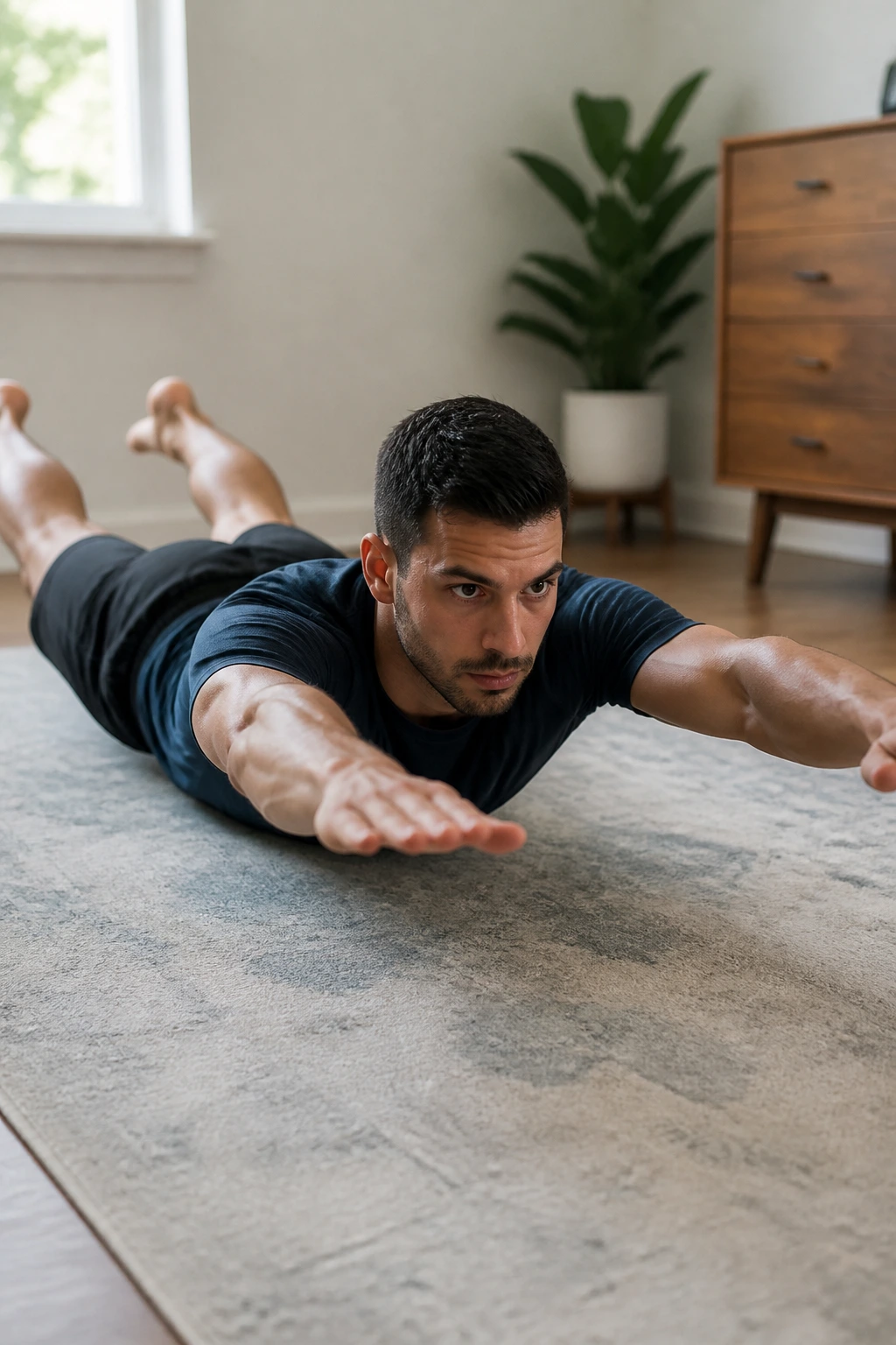 Person performing a gentle Superman hold on the floor at home
